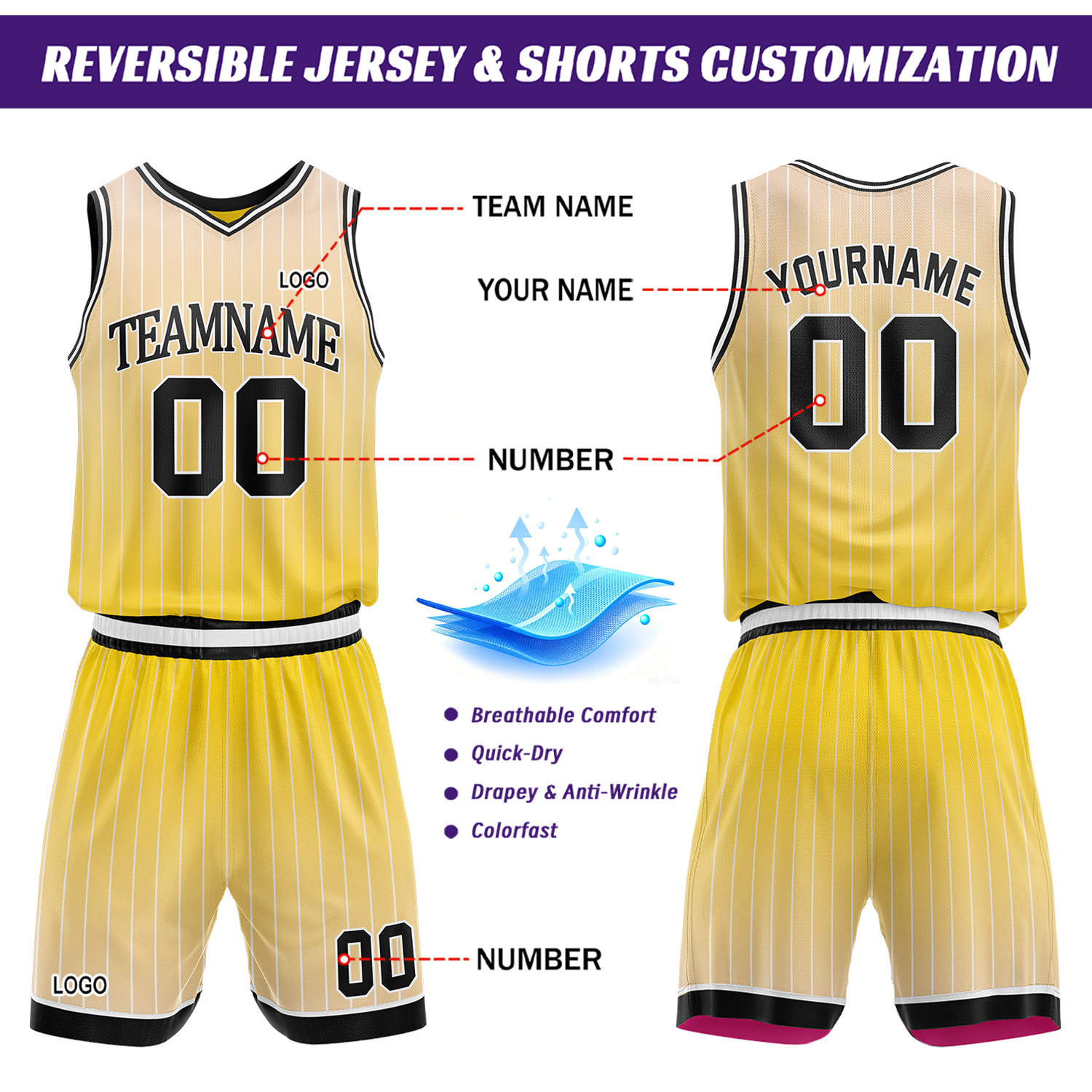 Custom Gradient Yellow & Orange Pinstripe Reversible Basketball Jersey Shorts Set | Personalized Team Uniform