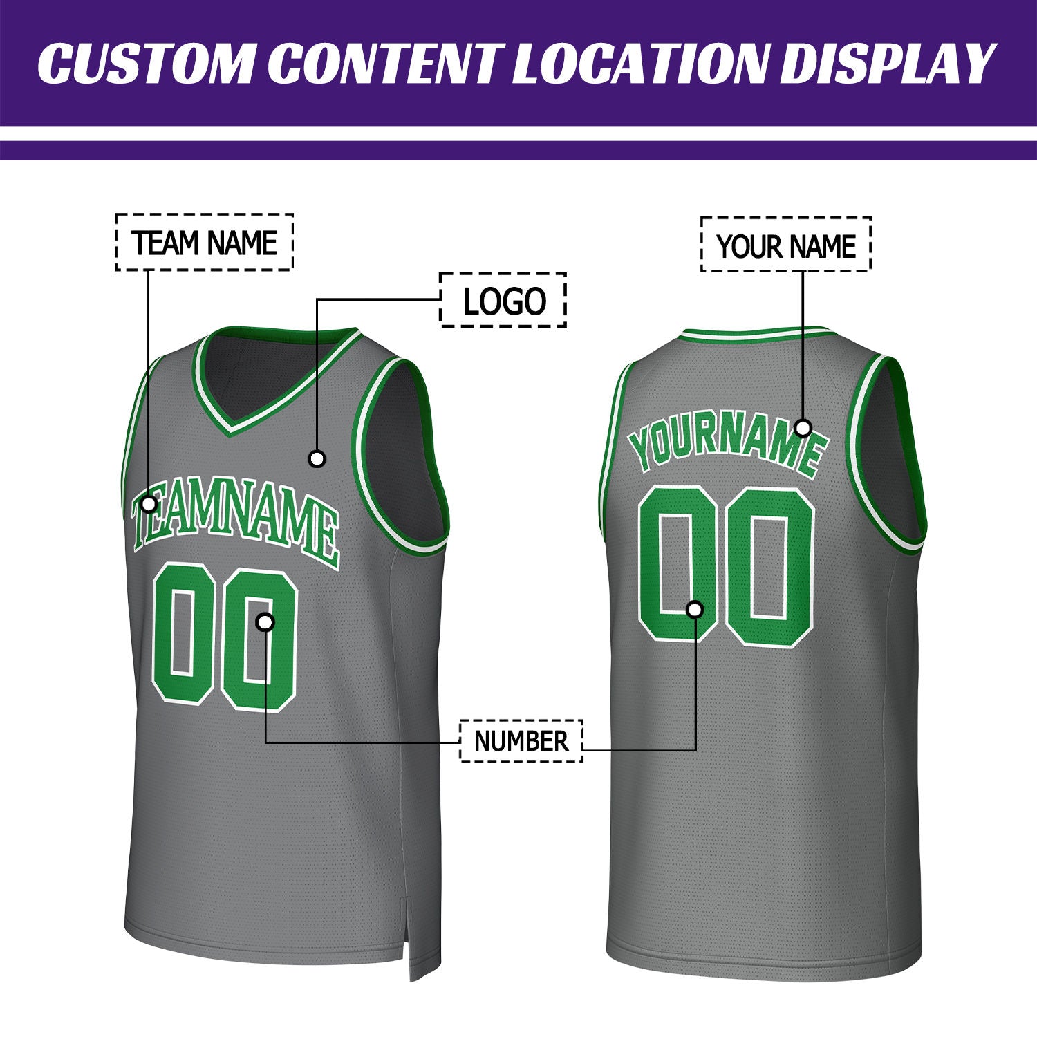 Custom Gray & Green Mesh Basketball Jersey | Personalized Name & Number Team Uniform