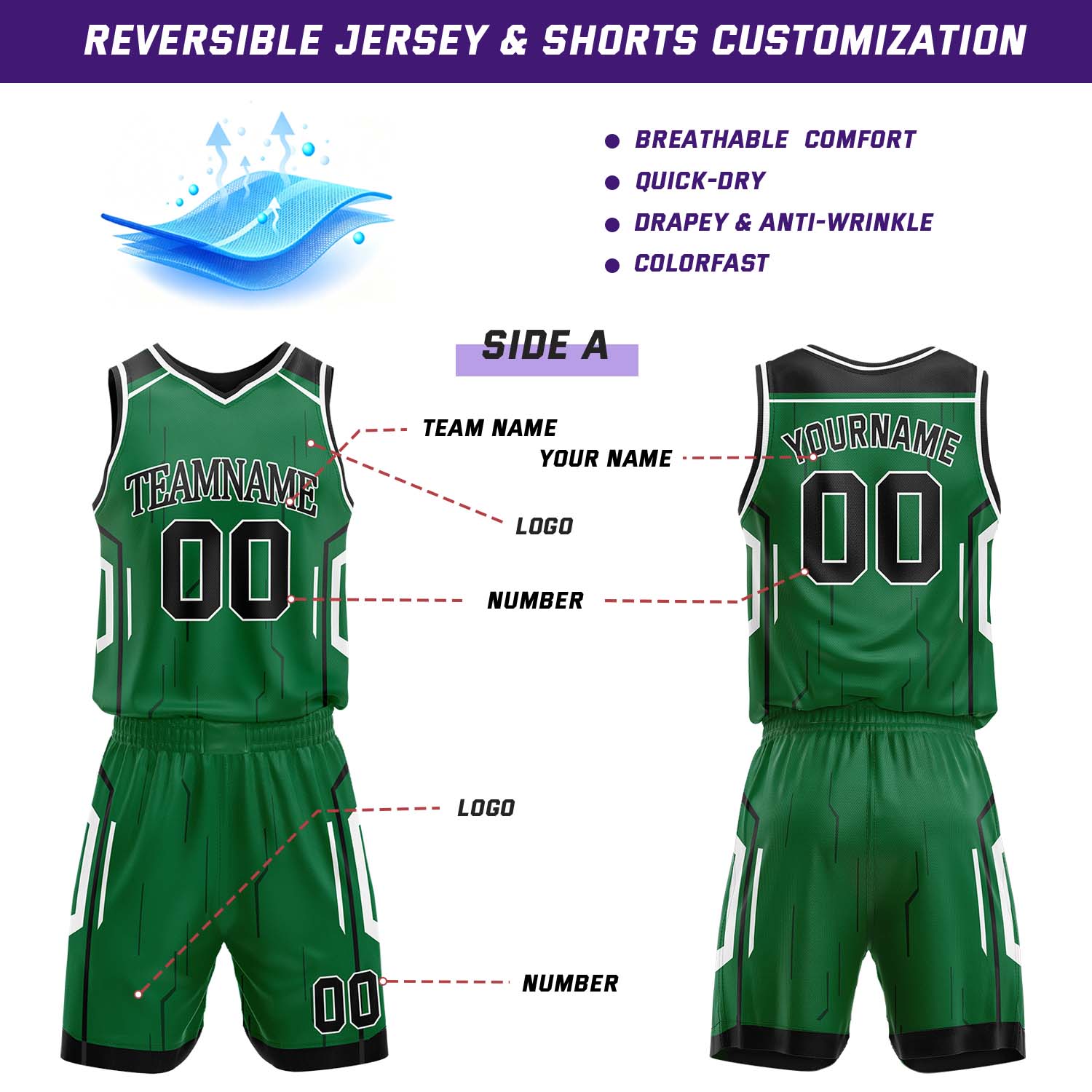 Custom Green & Black Reversible Circuit Geometric Basketball Jersey Shorts Set | Personalized Team Uniform