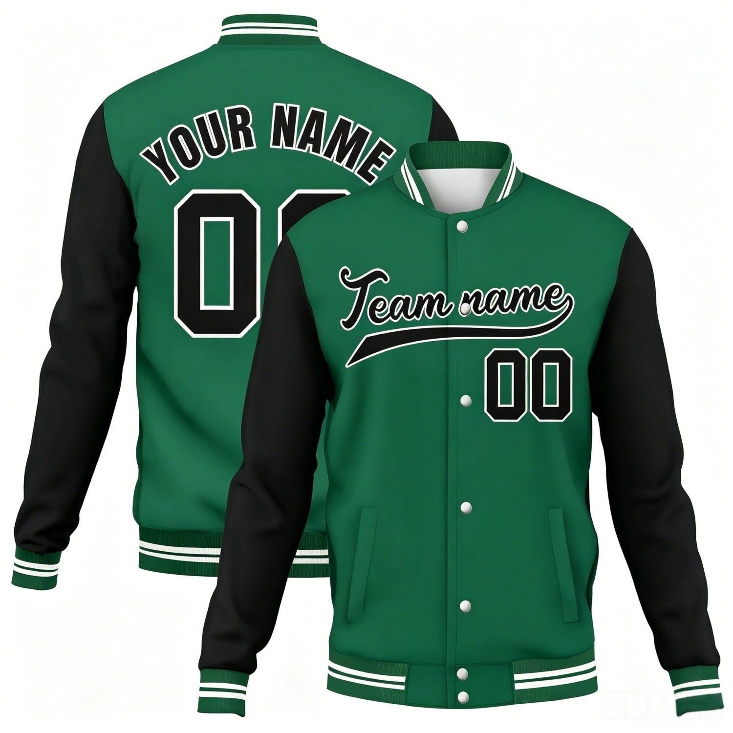 Custom green-black contrast sleeve stitched varsity baseball jacket by Vosoli | Personalized team name & number jacket for youth & adults