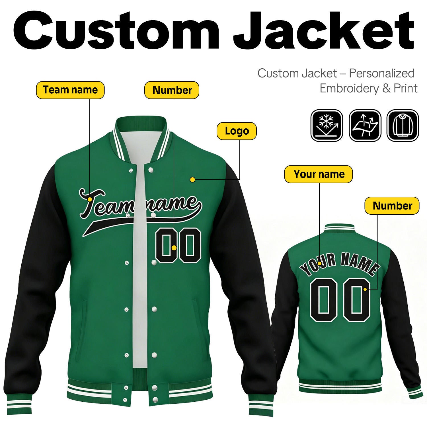 Custom Green & Black Contrast Sleeve Varsity Baseball Jacket | Personalized Team Name & Number