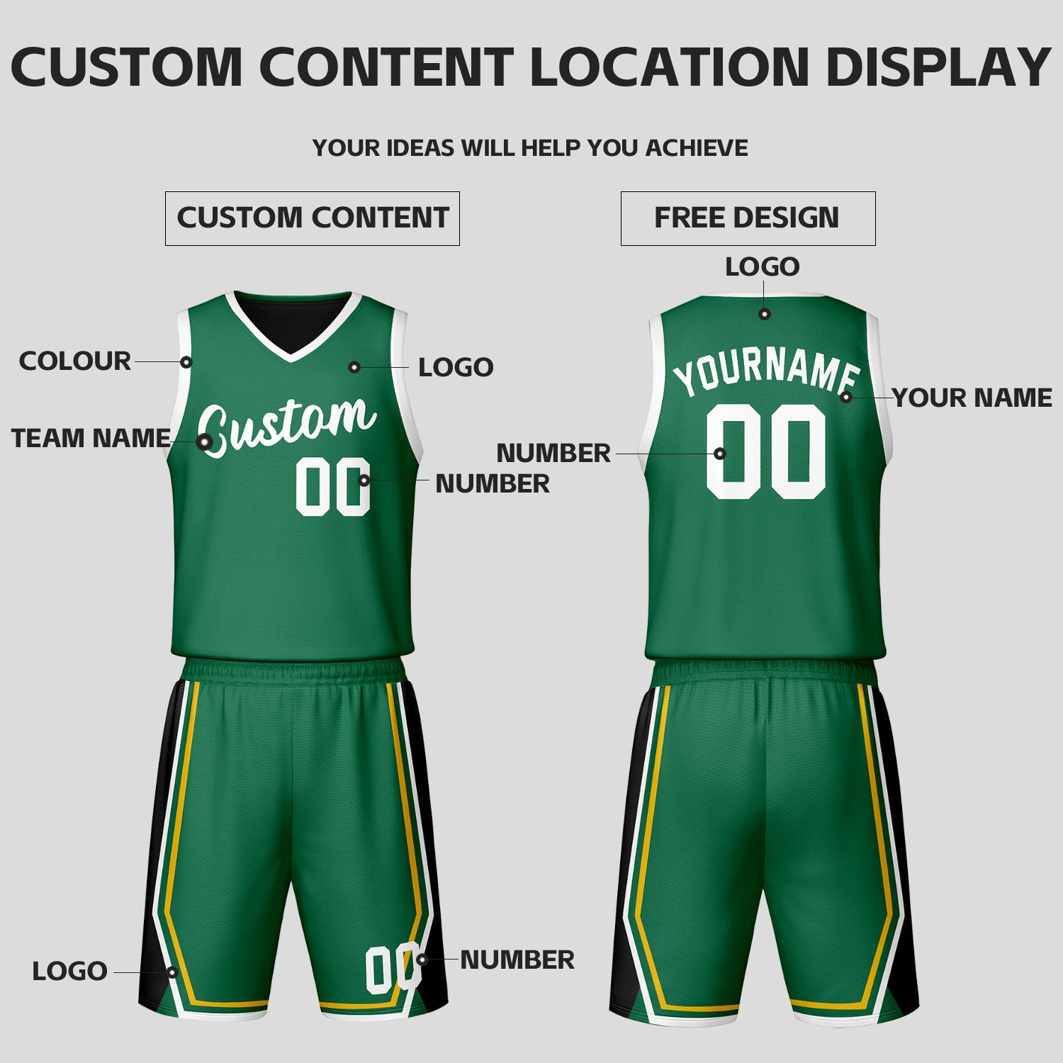 Custom Green Black Reversible Basketball Jersey Set | Personalized Name Number Mesh Sports Uniform
