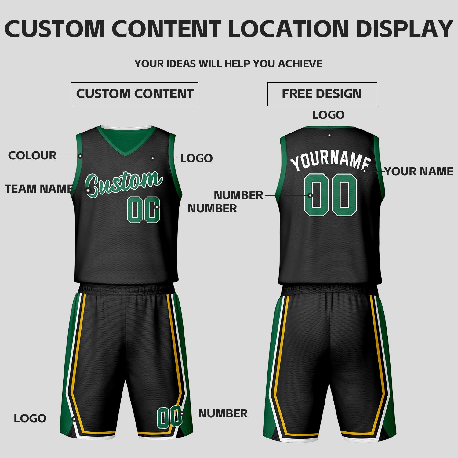 Custom Green Black Reversible Basketball Jersey Set | Personalized Name Number Mesh Sports Uniform