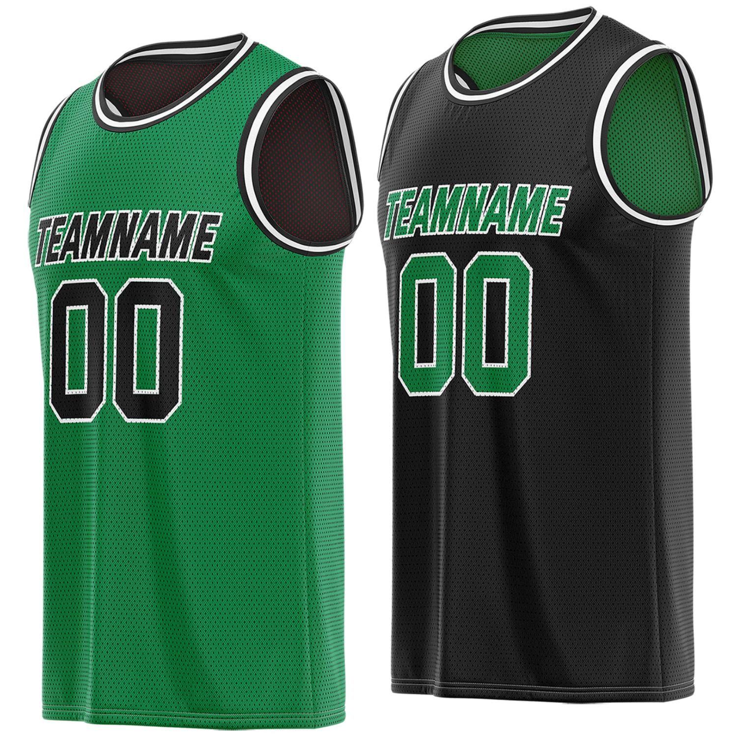 Custom green & black reversible basketball jersey, personalized team name number breathable mesh sports top with white trim for men women youth game practice - Vosoli