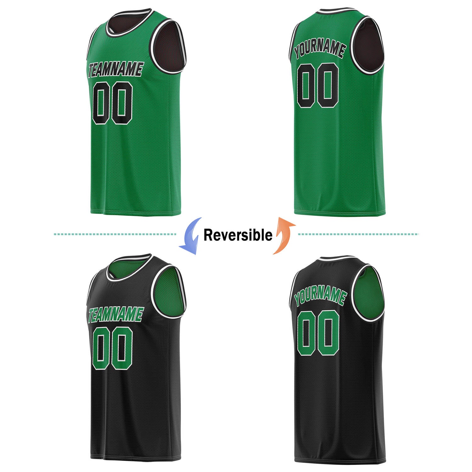 Custom Green & Black Reversible Basketball Jersey | Personalized Team Name & Number - Vosoli