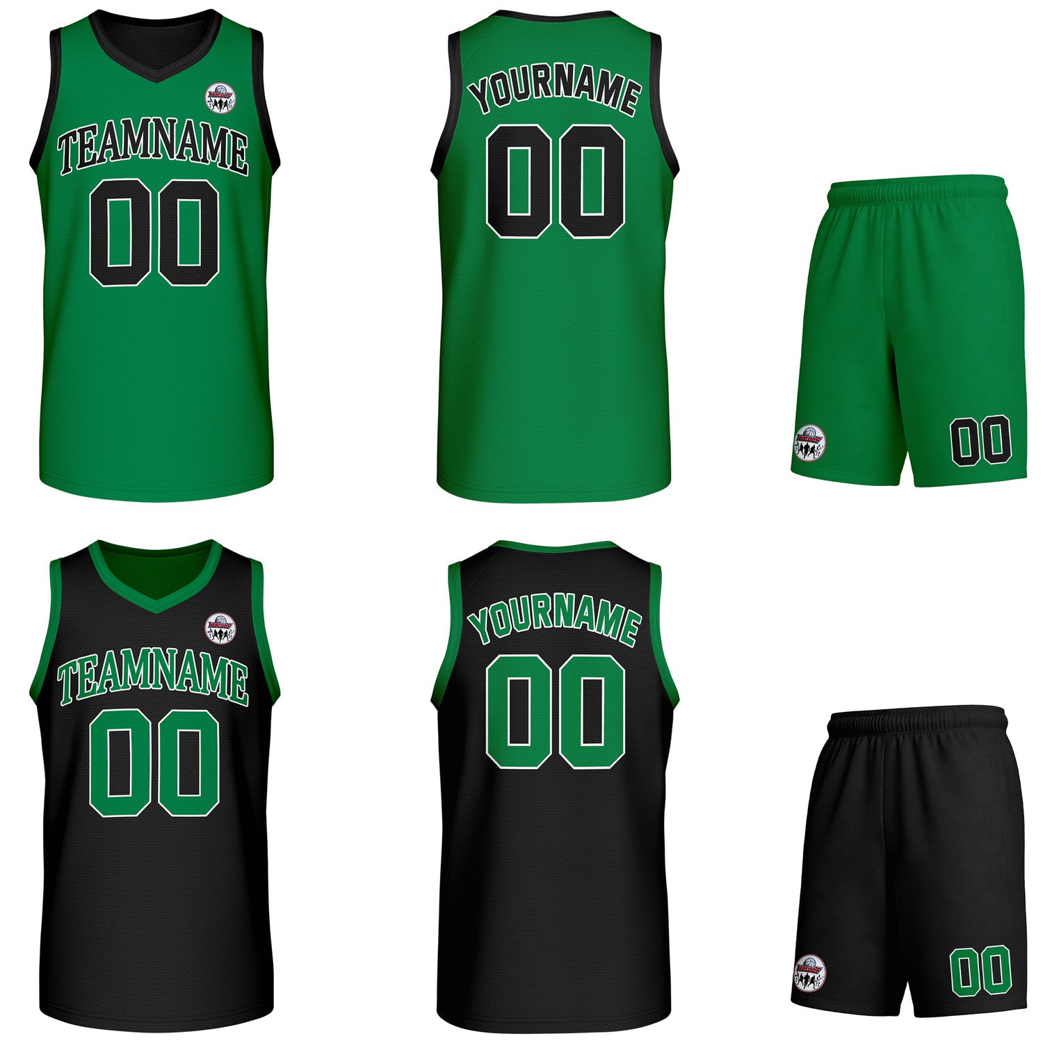 Custom green & black Reversible basketball uniform set, personalized team name number logo breathable mesh jersey and shorts men women youth game practice - Vosoli