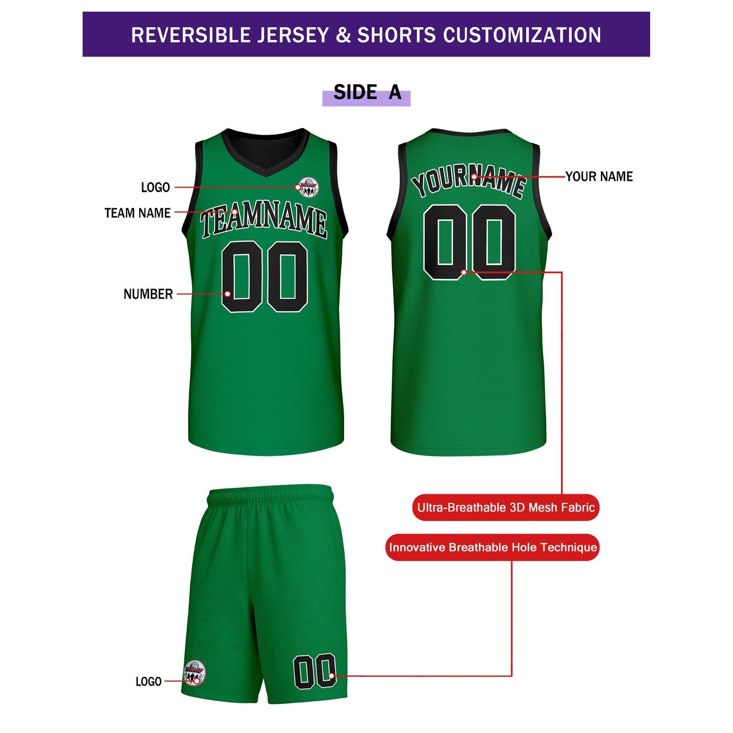 Custom Green & Black Reversible Basketball Uniform Set | Personalized Team Name & Number - Vosoli