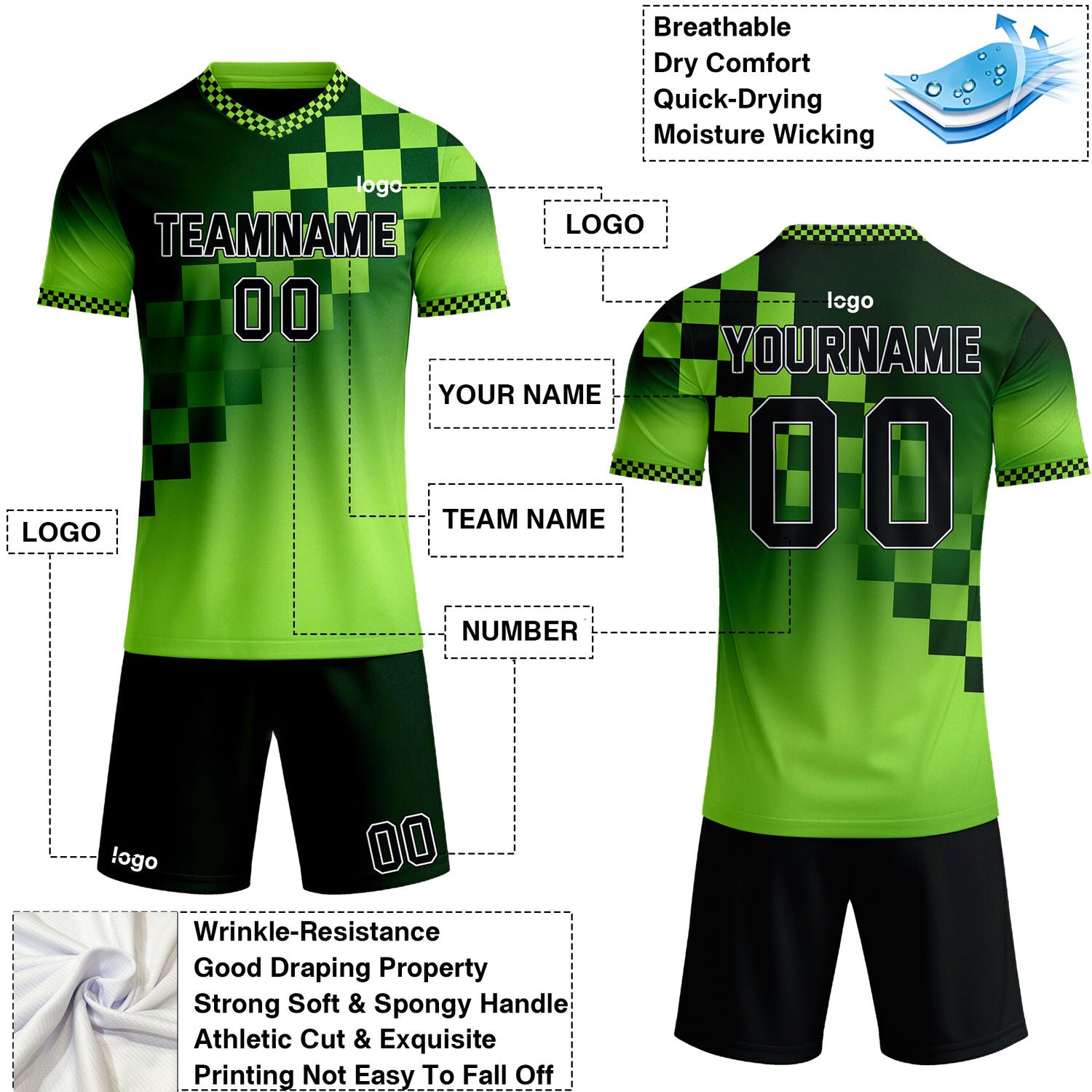 Custom Green Checkerboard Gradient Soccer Jersey Set | Personalized Team Uniform | Vosoli