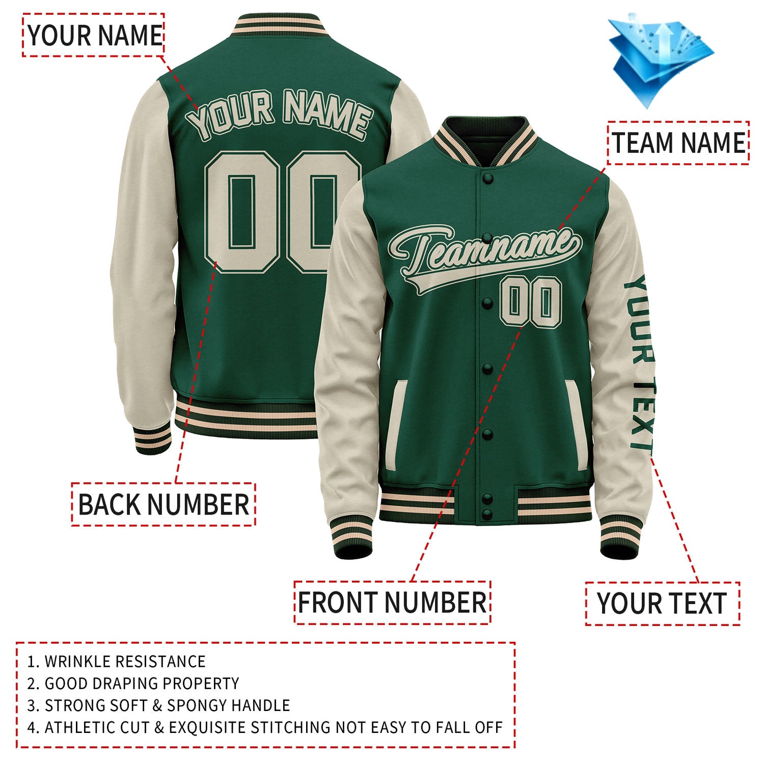 Custom Green Cream Jacket Personalized Team Name Number Letterman Bomber for Adult & Youth