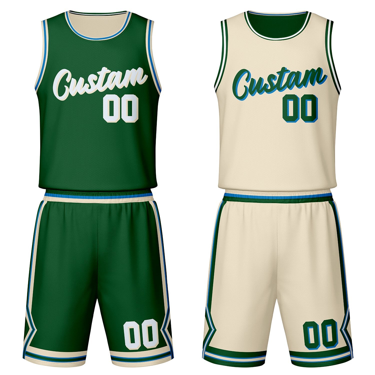 Custom green & cream reversible basketball jersey set with shorts by Vosoli | Personalized team name, number & logo | Breathable mesh sport jersey uniform