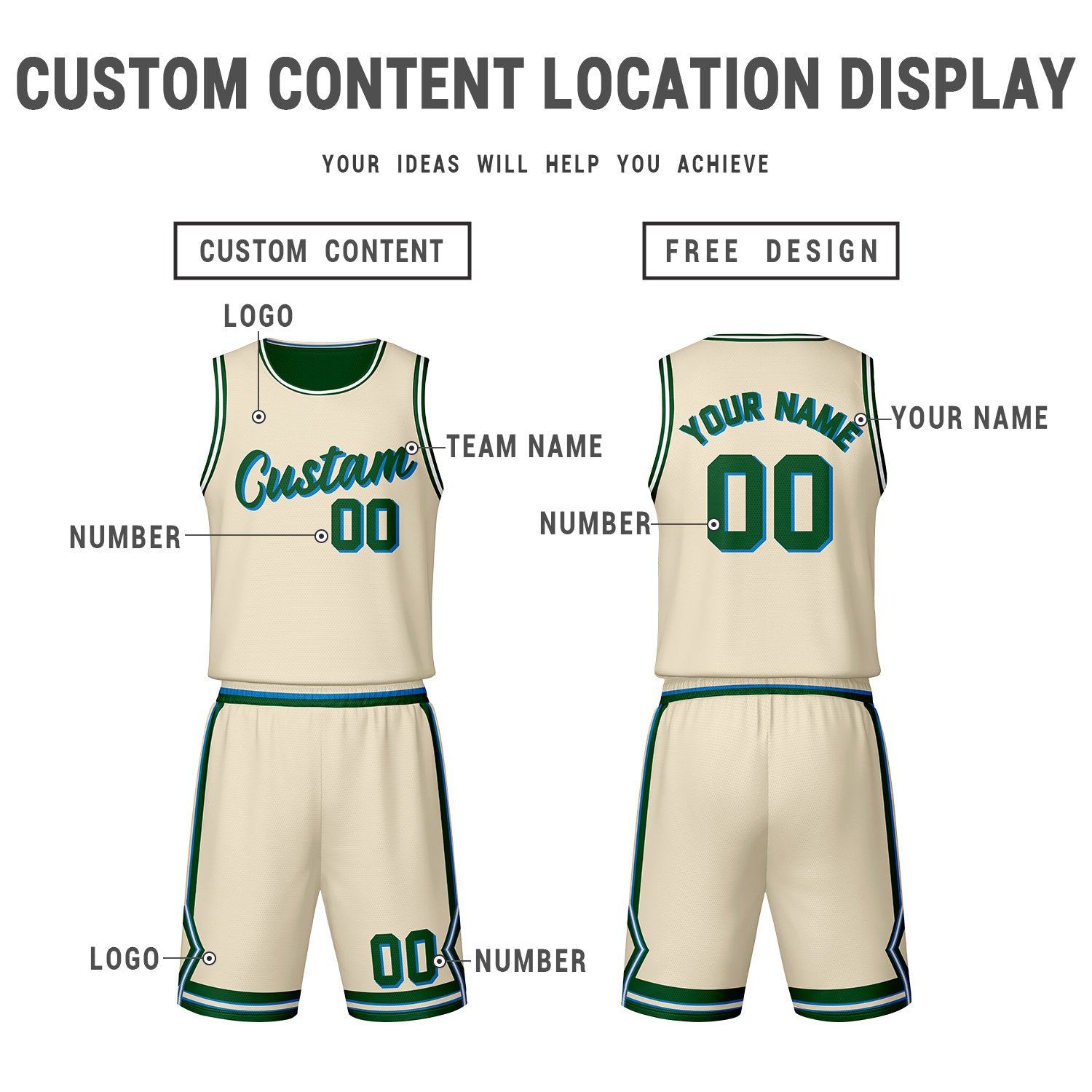 Custom Green Cream Reversible Basketball Jersey Set | Personalized Name Number Mesh Sports Uniform