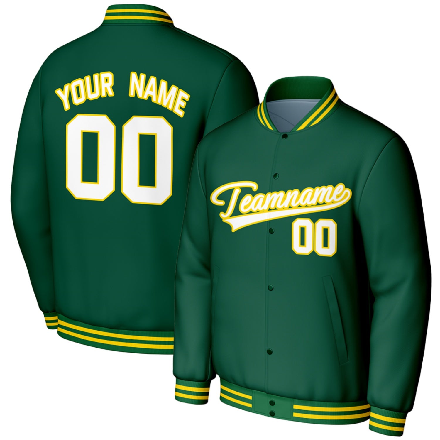 custom green senior baseball team jackets by Vosoli, personalized stitched name, number & logo, classic button up varsity letterman jacket for high school senior baseball team and casual wear