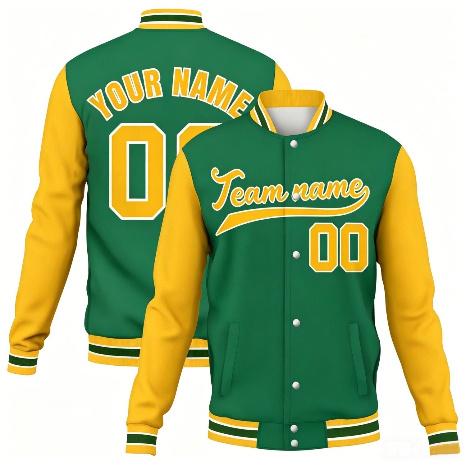 Custom green-gold contrast sleeve stitched varsity baseball jacket by Vosoli | Personalized team name & number jacket for youth & adults
