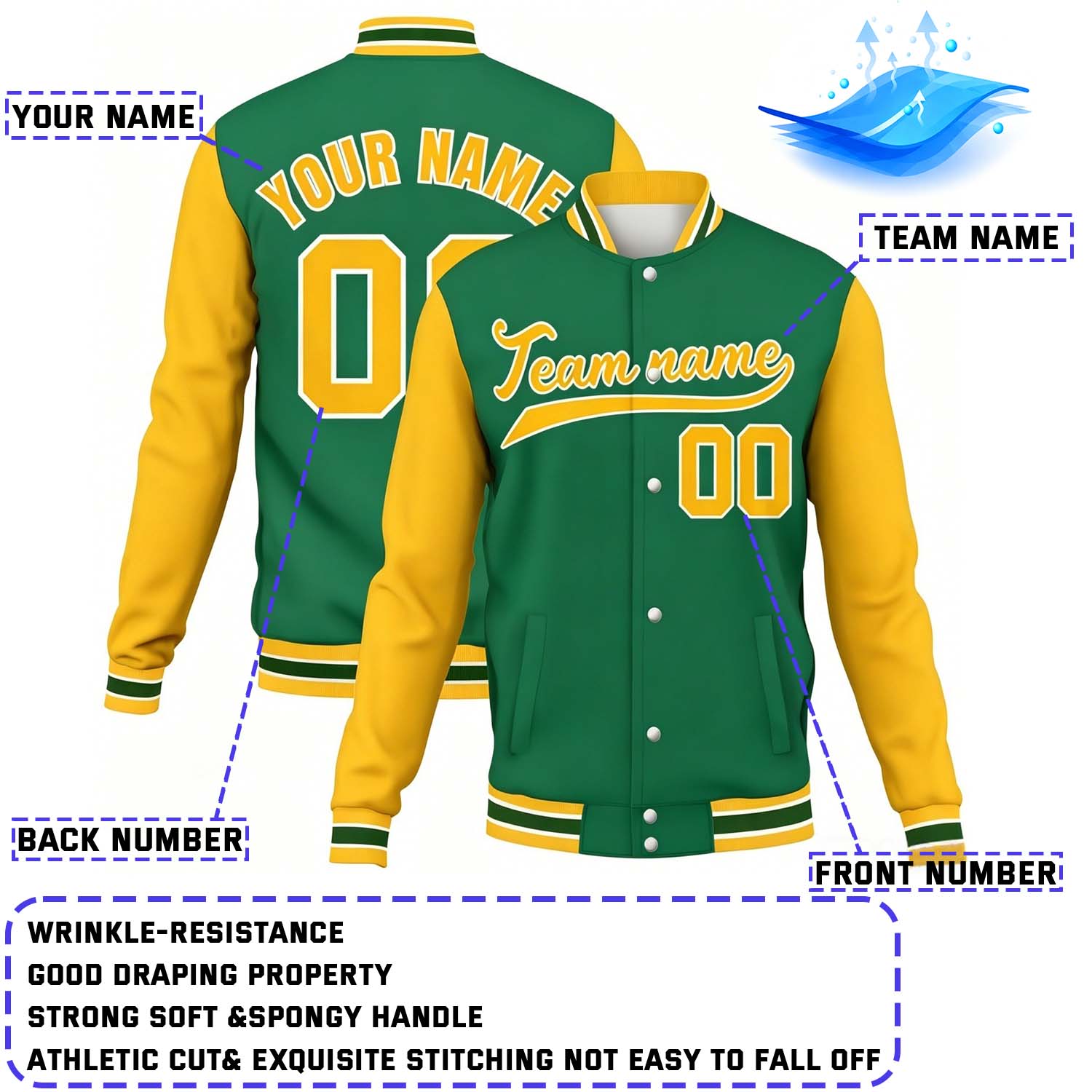 Custom Green & Gold Contrast Sleeve Varsity Baseball Jacket | Personalized Team Name & Number