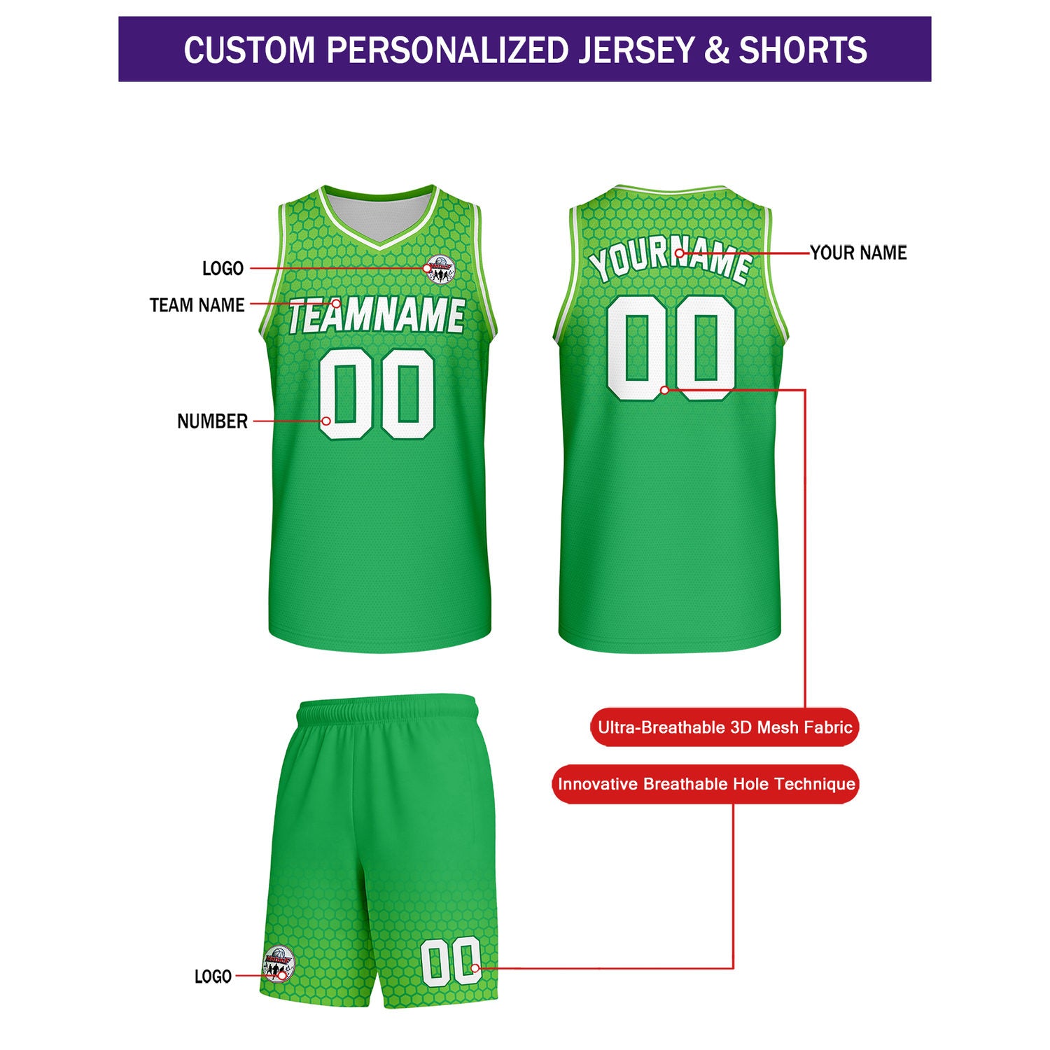 Custom Green Honeycomb Basketball Uniform Set | Personalized Team Name & Number - Vosoli