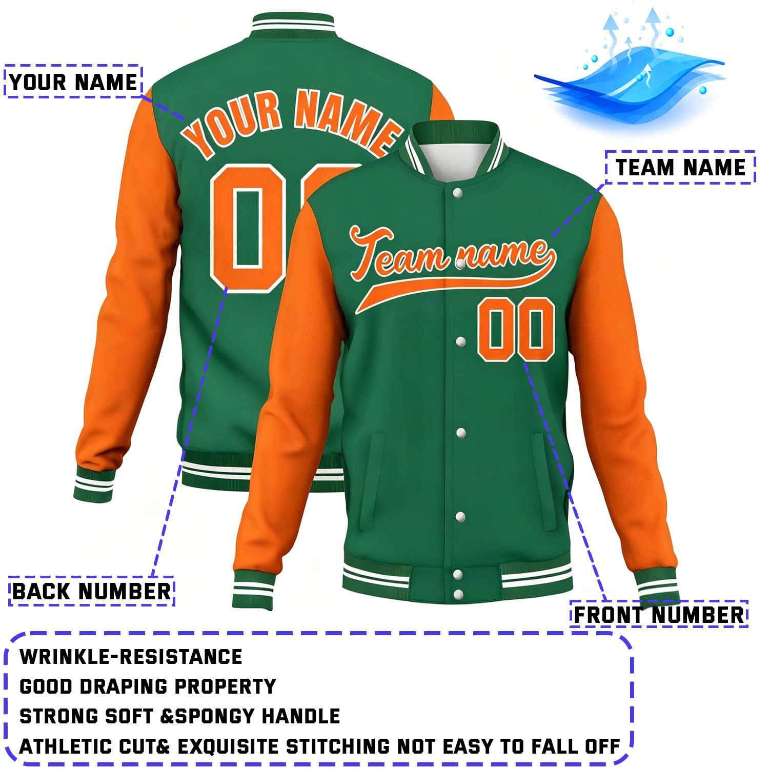 Custom Green & Orange Contrast Sleeve Varsity Baseball Jacket | Personalized Team Name & Number