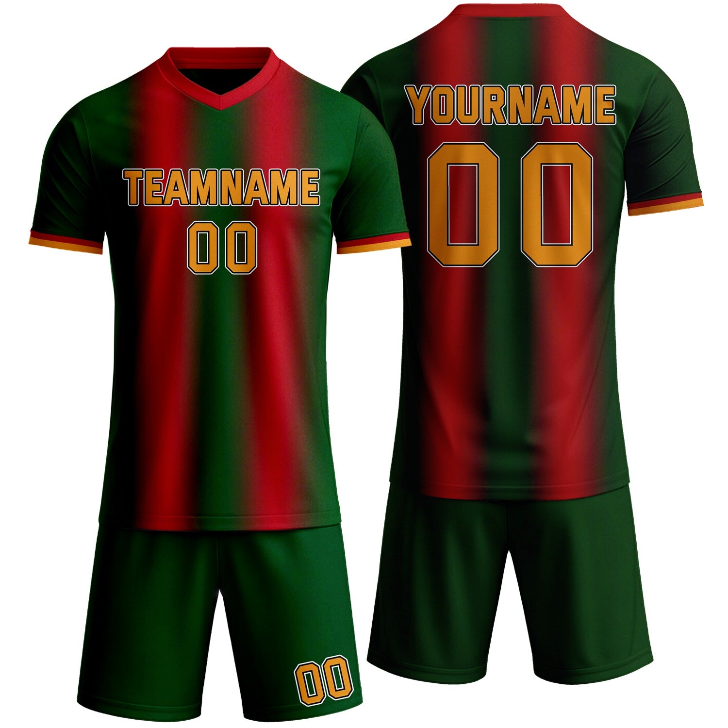 Custom green & red stripe gradient soccer jersey set, personalized name number team logo, short-sleeve jersey with matching shorts sports uniform for men women youth adult game practice - Vosoli