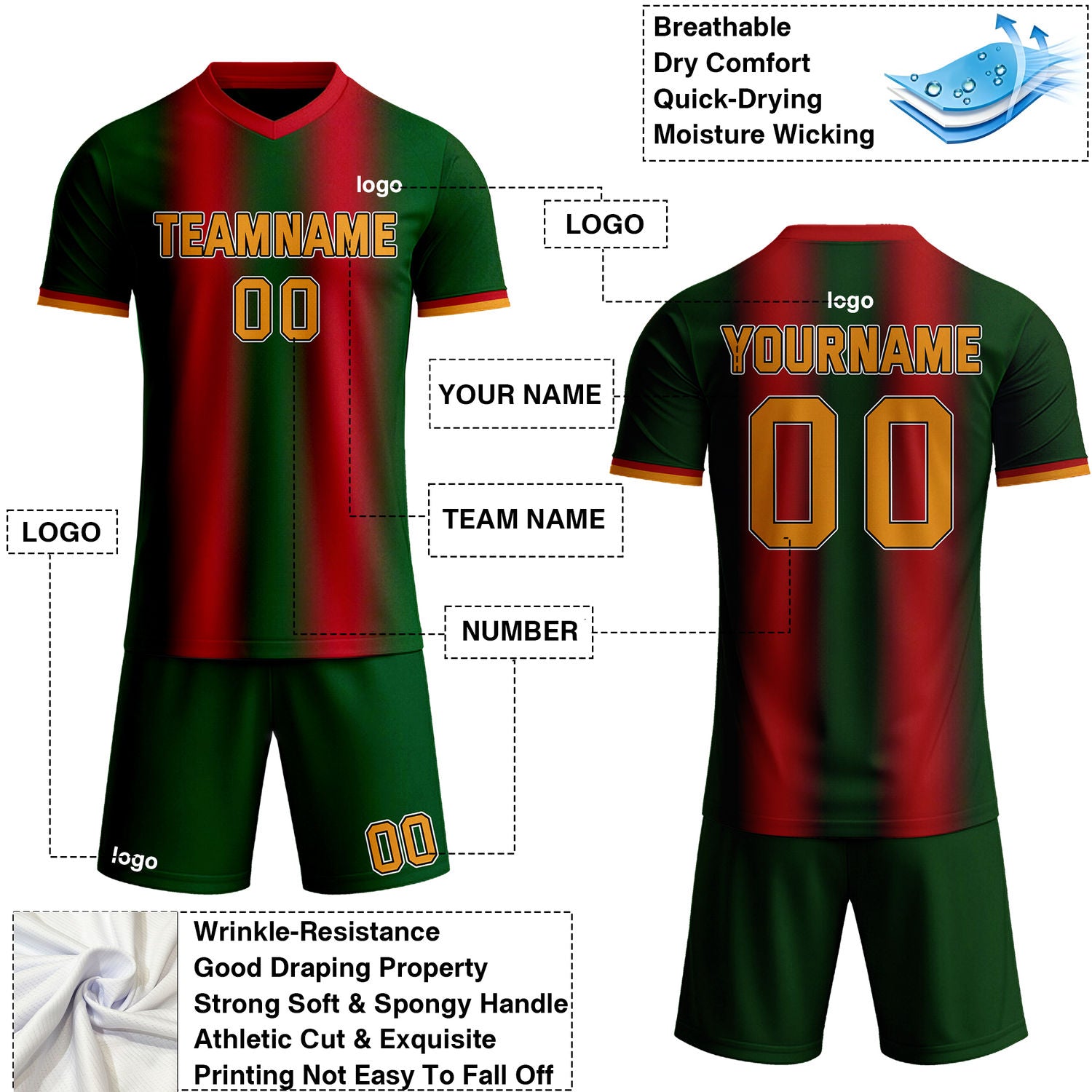 Custom Green & Red Stripe Gradient Soccer Jersey Set | Personalized Team Uniform | Vosoli