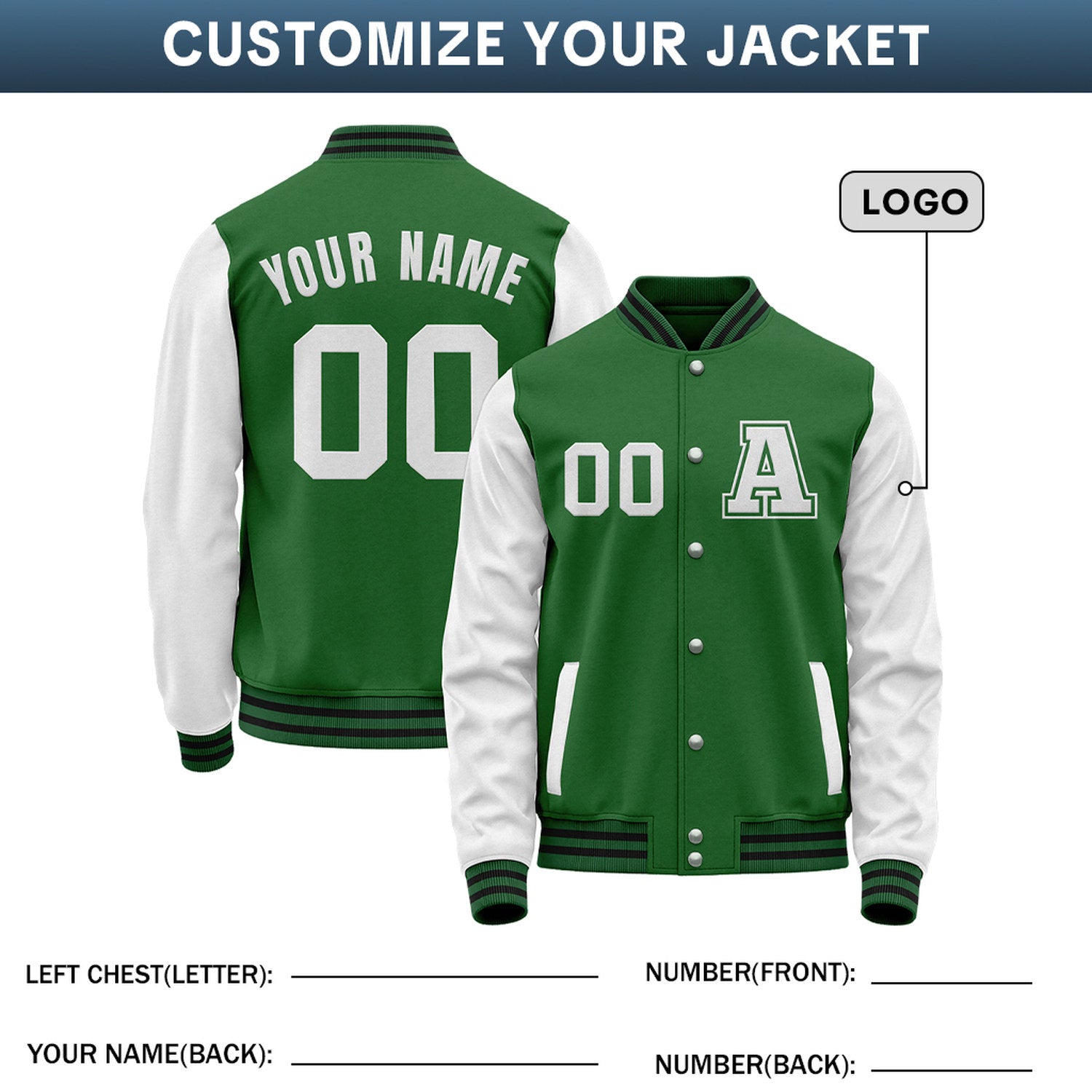Custom Varsity Jacket with Stitched Name & Number | Green & White Personalized Team Letterman Bomber