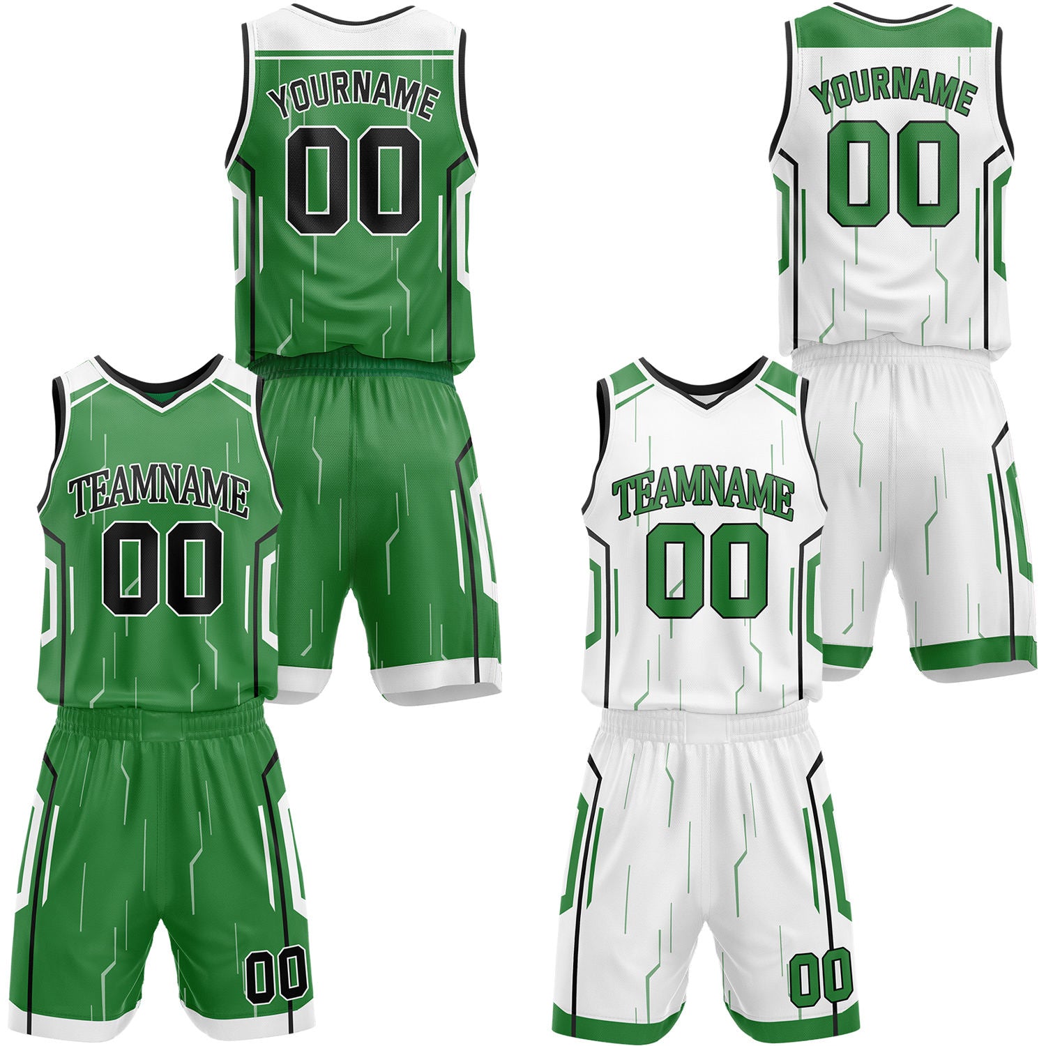 Custom green & white reversible basketball jersey shorts set by Vosoli | Personalized block team name number circuit geometric uniform sportswear