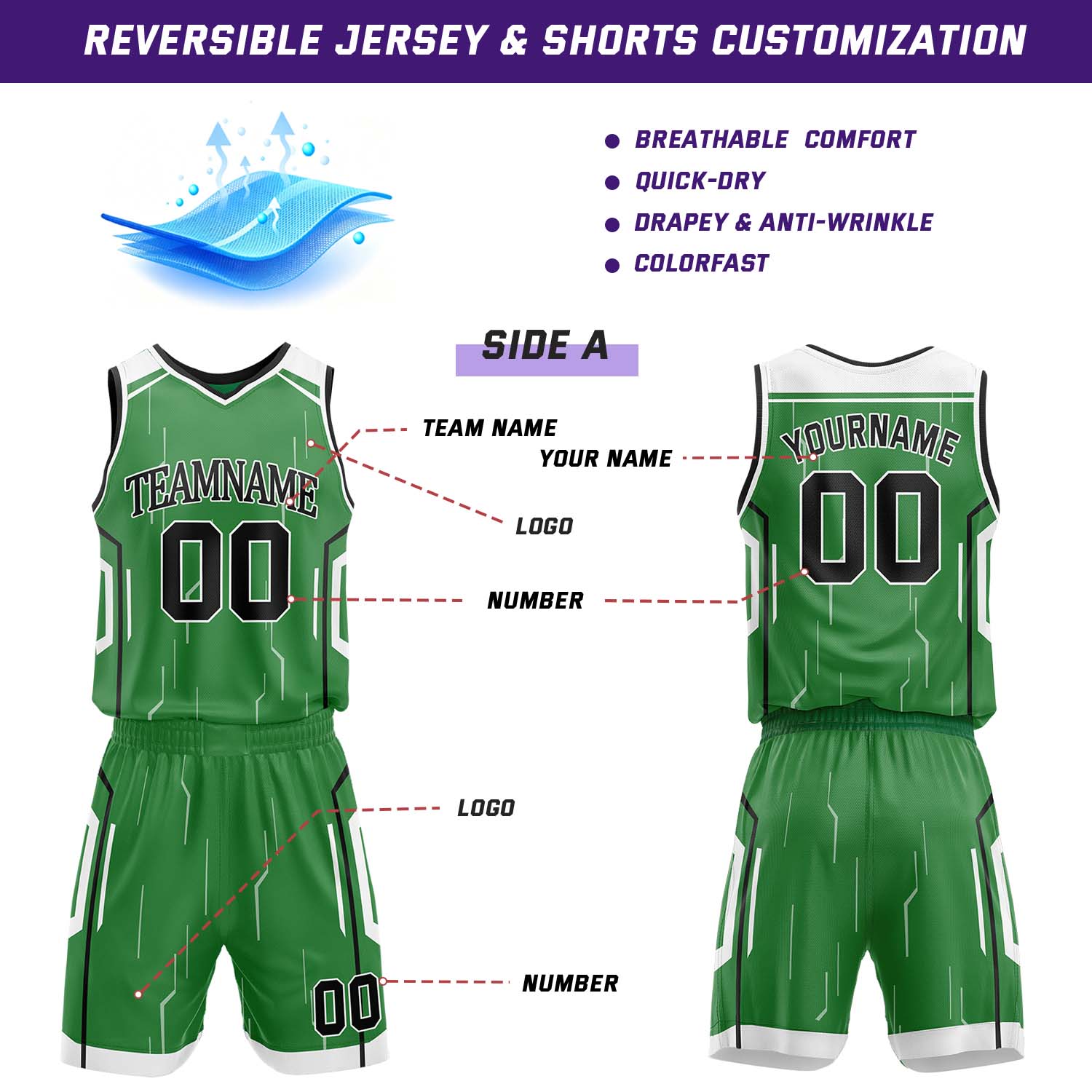Custom Green & White Reversible Circuit Geometric Basketball Jersey Shorts Set | Personalized Team Uniform