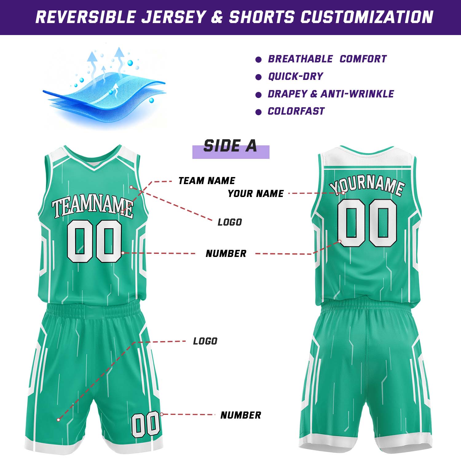 Custom Green & White Reversible Circuit Geometric Basketball Jersey Shorts Set | Personalized Team Uniform