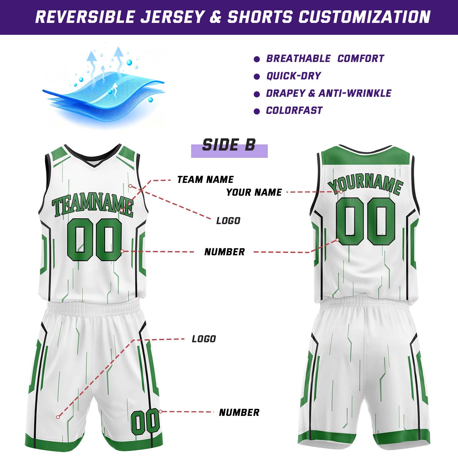 Custom Green & White Reversible Circuit Geometric Basketball Jersey Shorts Set | Personalized Team Uniform