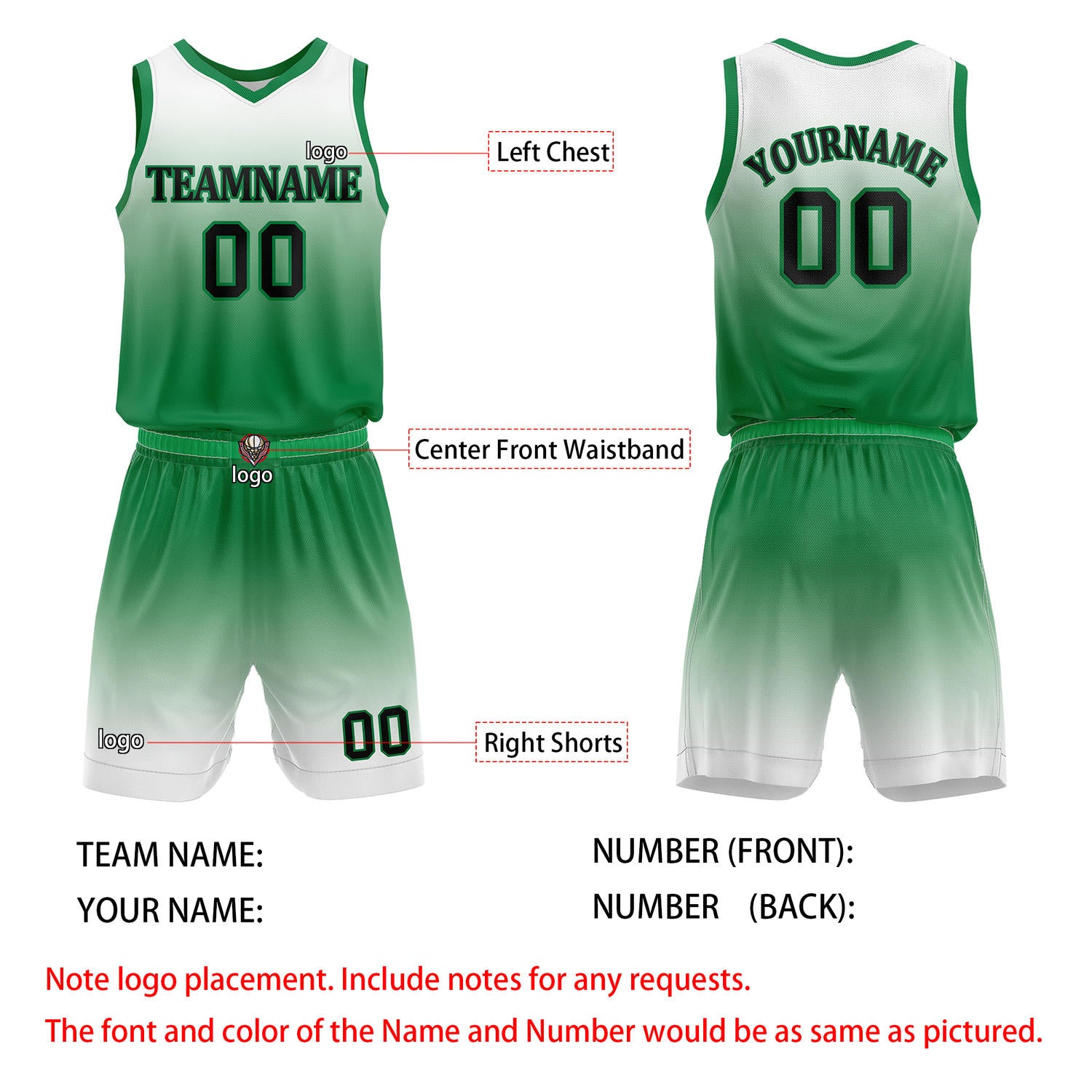 Custom Green & White Gradient Basketball Jersey + Shorts Set - Personalized Team Name, Number | Vosoli