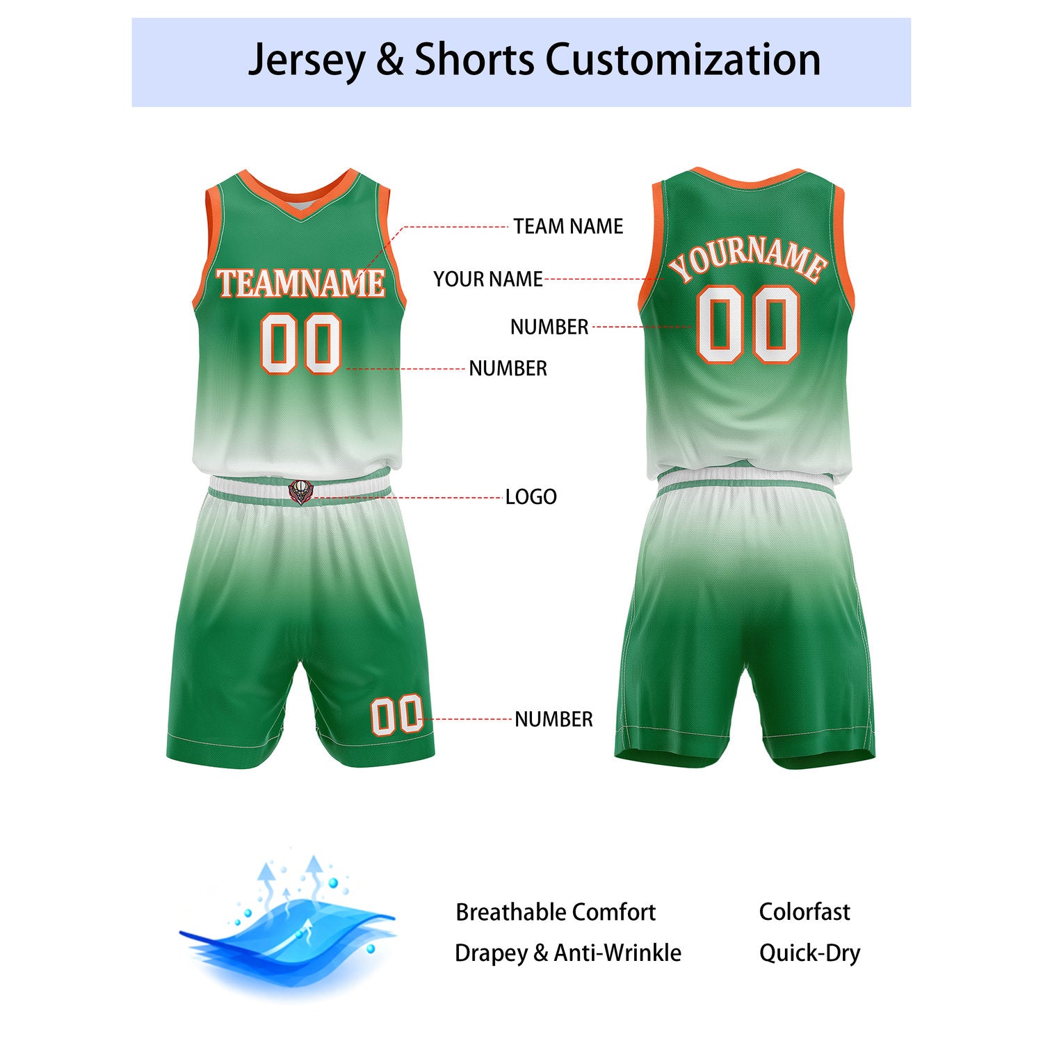 Custom Green & White Gradient Basketball Jersey + Shorts Set - Personalized Team Name, Number & LOGO | Vosoli