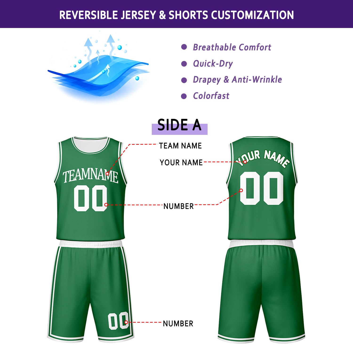 Custom Green & White Reversible Basketball Jersey Shorts Set | Personalized Team Uniform