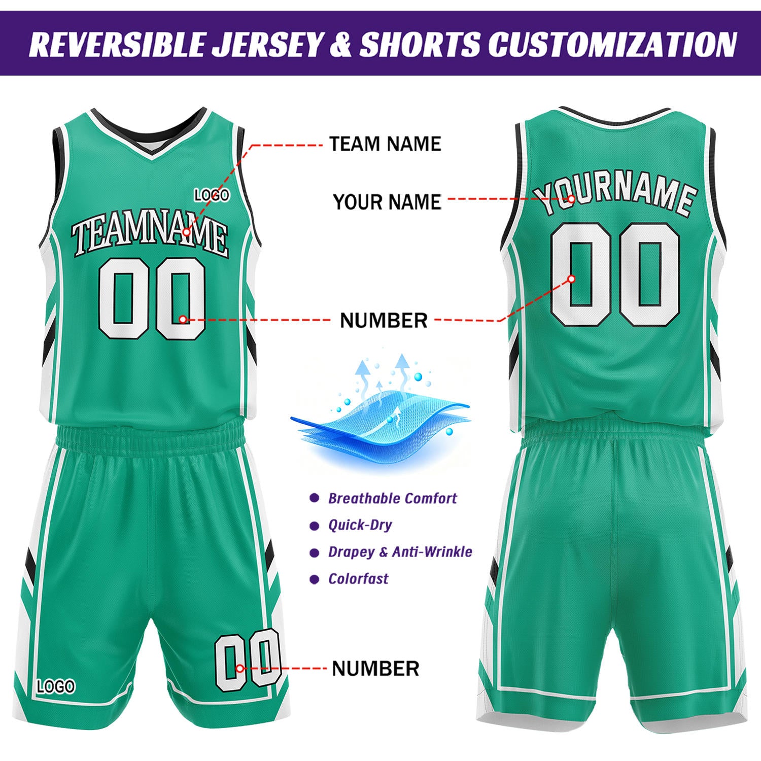 Custom Green & White Reversible Basketball Uniform Set | Personalized Name Number Sports Jersey Shorts Kit