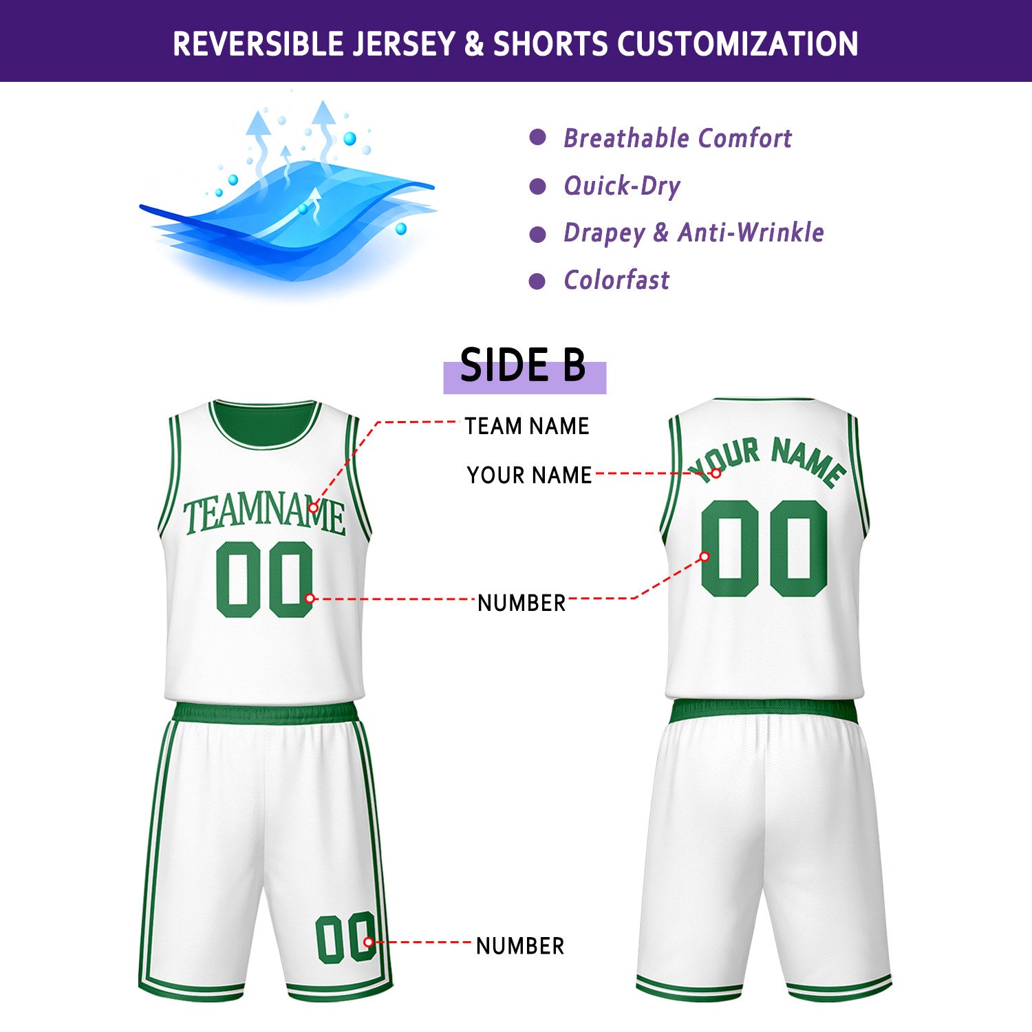 Custom Green & White Reversible Basketball Jersey Shorts Set | Personalized Team Uniform