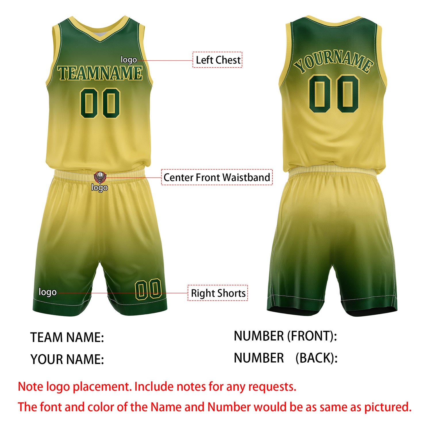 Custom Green & Yellow Gradient Basketball Jersey + Shorts Set - Personalized Team Name, Number | Vosoli