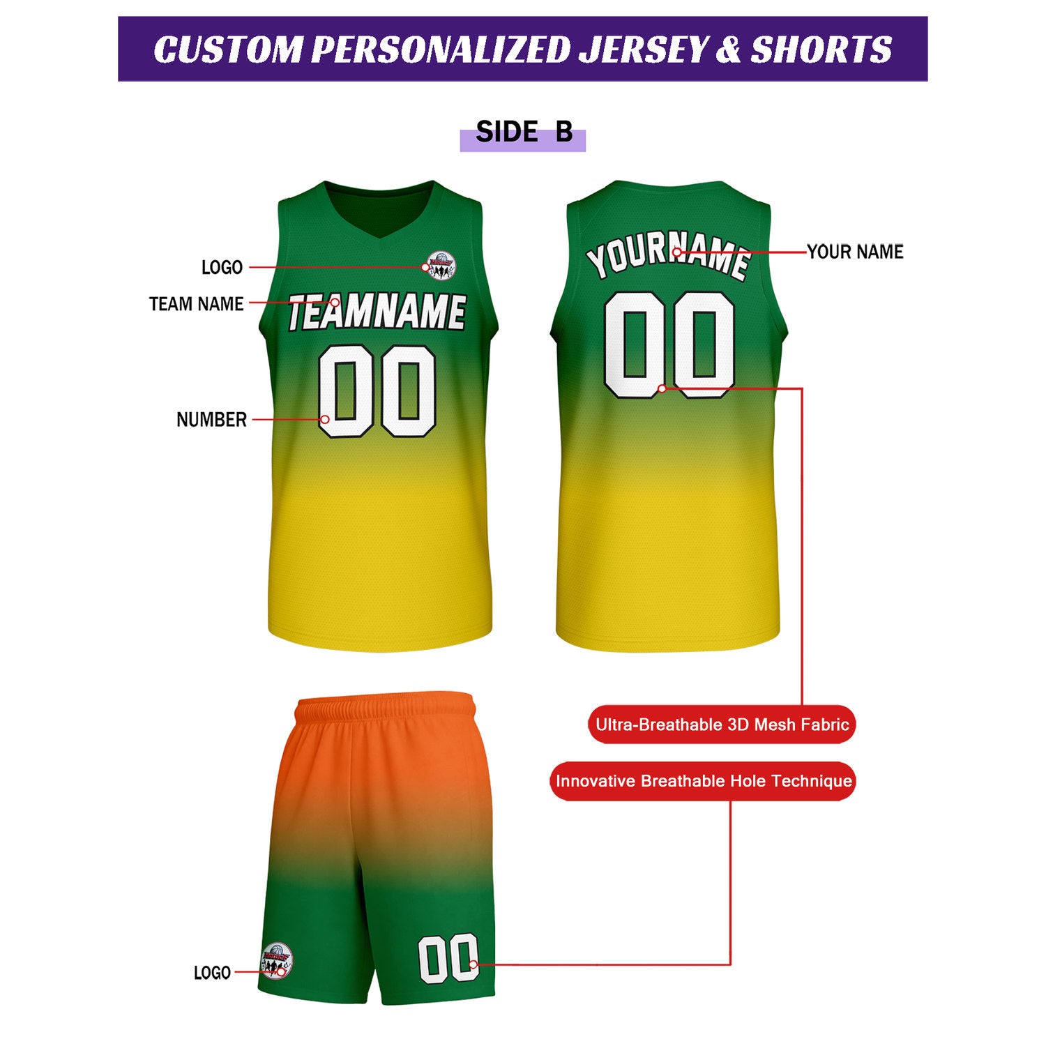 Custom Green-Yellow-Orange Gradient Basketball Uniform Set | Personalized Team Name & Number - Vosoli