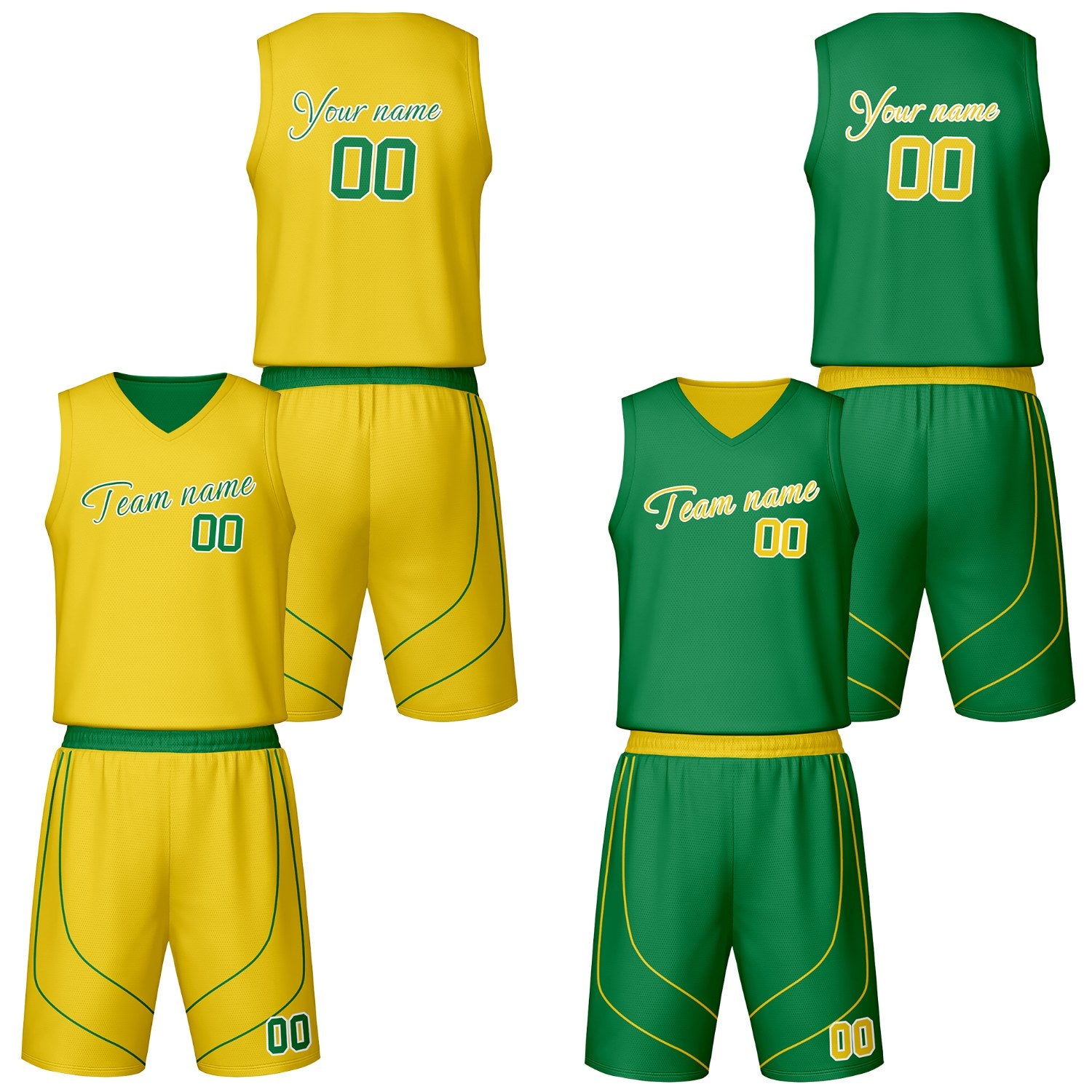 Custom green & yellow reversible basketball jersey shorts set by Vosoli | Personalized script team name number vintage uniform sportswear