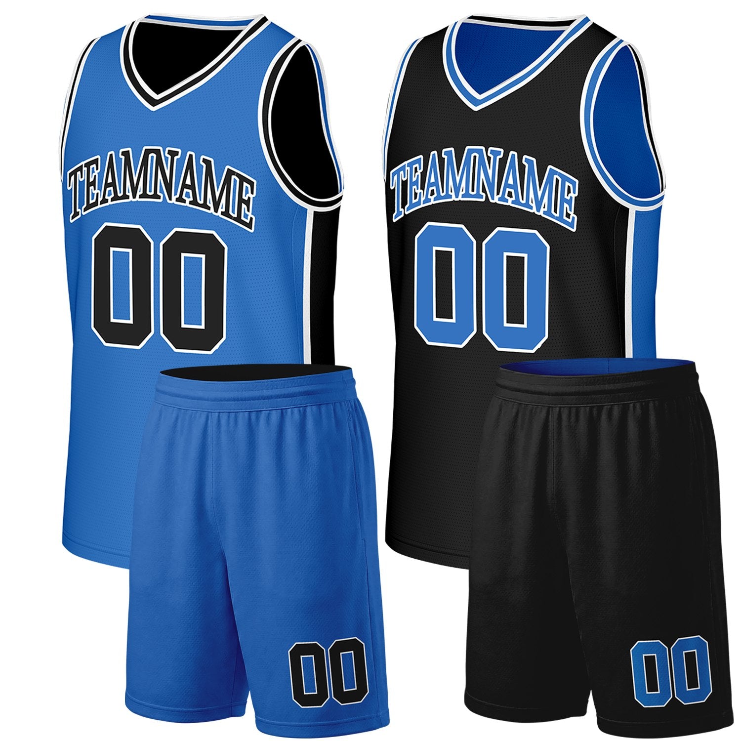 Custom high school basketball uniforms blue black reversible by Vosoli. Personalized team name, number & logo. Breathable mesh. Fast delivery.