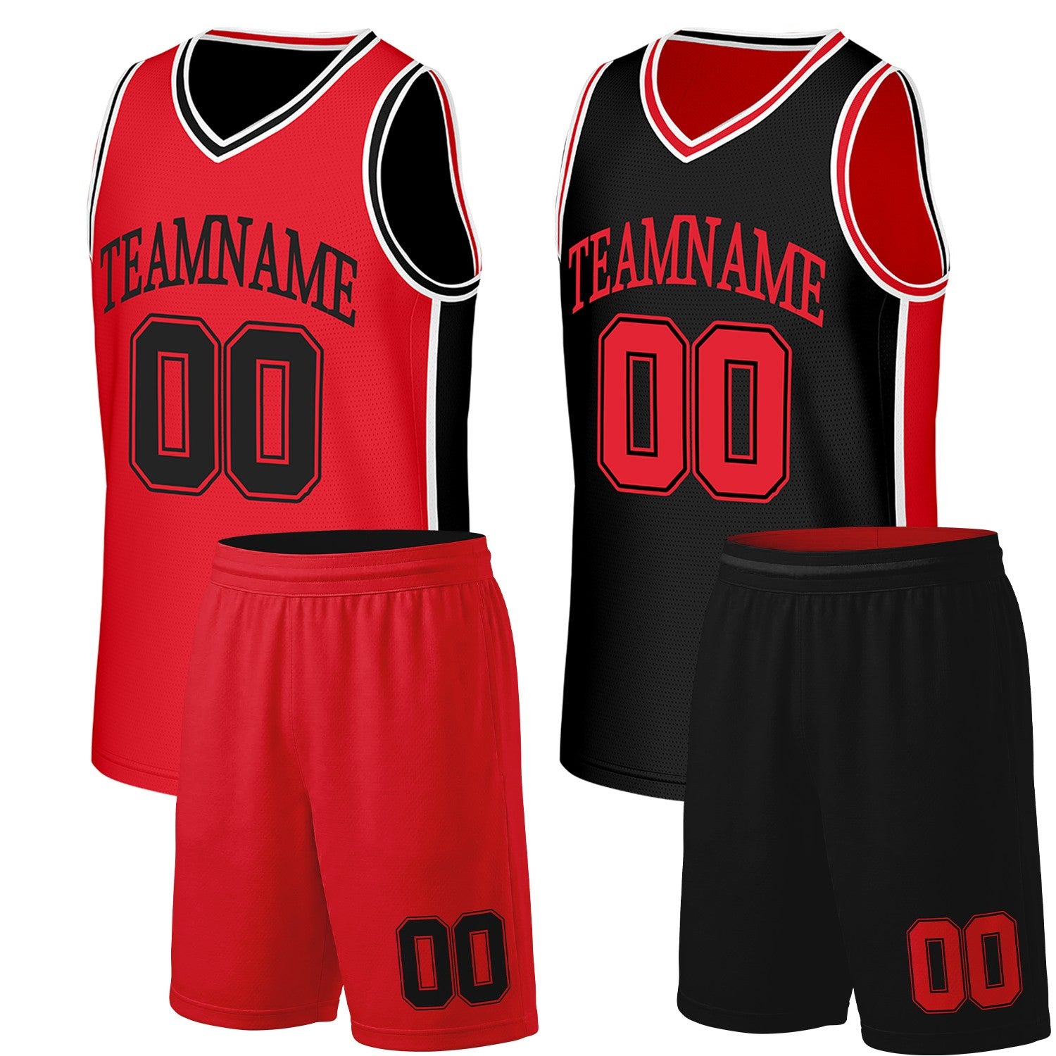 Custom high school basketball uniforms red black reversible by Vosoli. Personalized team name, number & logo. Breathable mesh. Fast delivery.