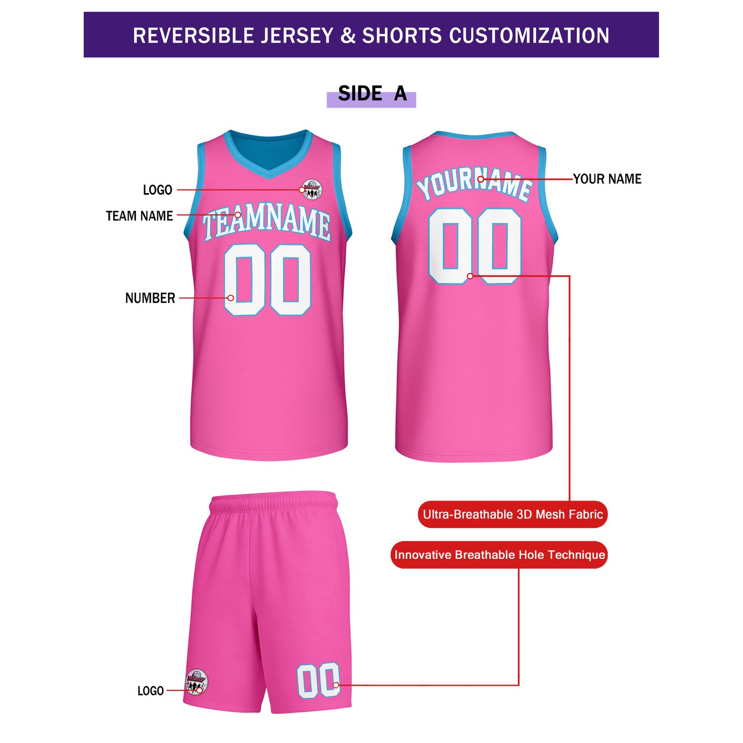 Custom Hot Pink & Turquoise Reversible Basketball Uniform Set | Personalized Team Name & Number - Vosoli