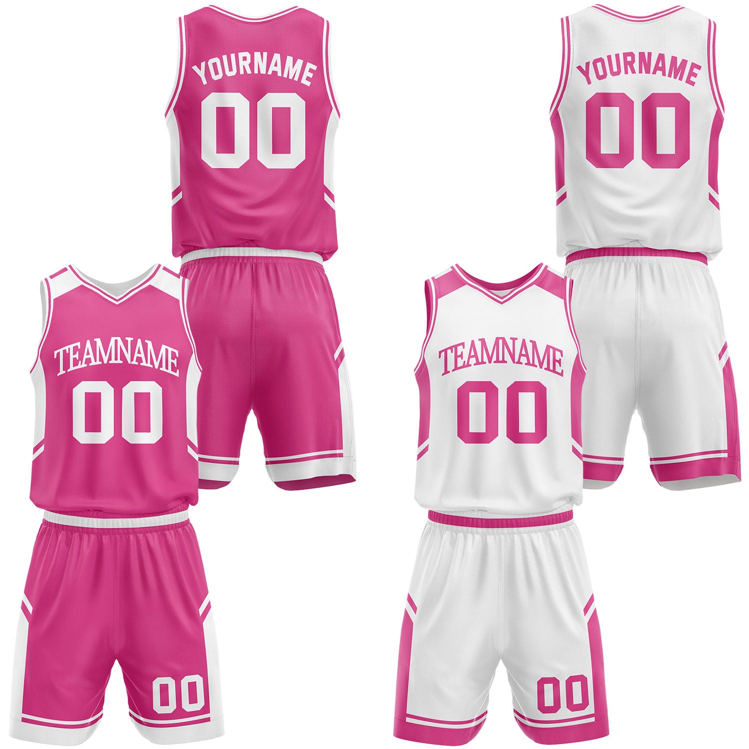 Custom hot pink and white school basketball uniform set, personalized name, number and logo, breathable mesh for youth & adult.