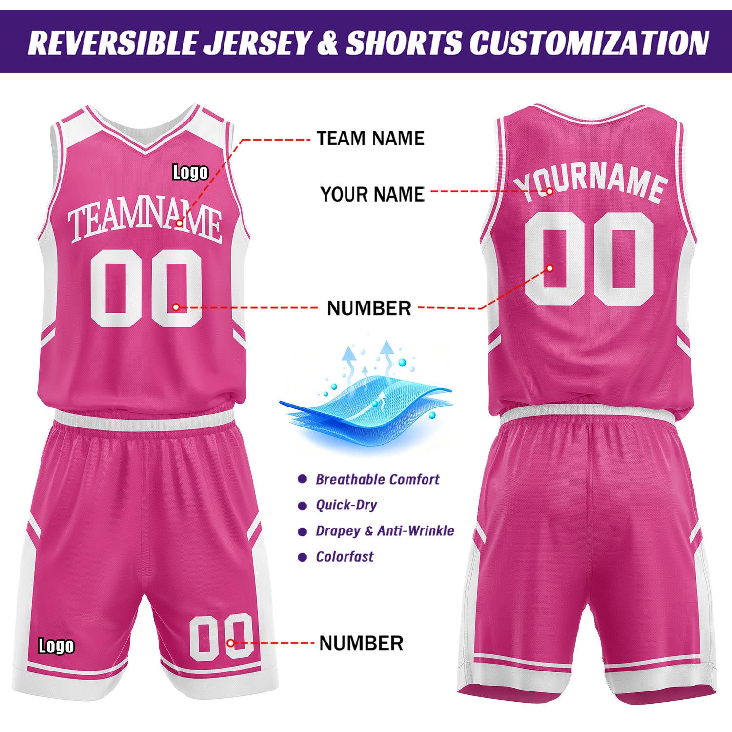 Custom Reversible Basketball Uniform Set | Hot Pink & White V-Neck Sleeveless Jersey & Athletic Shorts