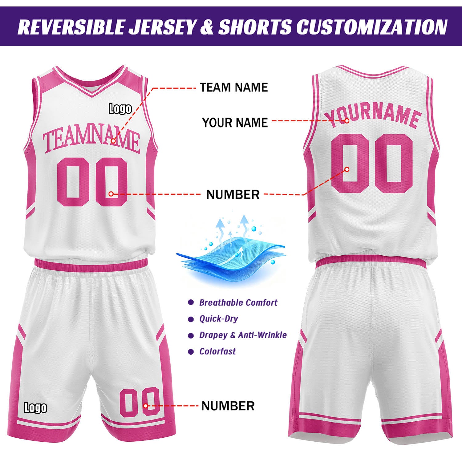Custom Reversible Basketball Uniform Set | Hot Pink & White V-Neck Sleeveless Jersey & Athletic Shorts