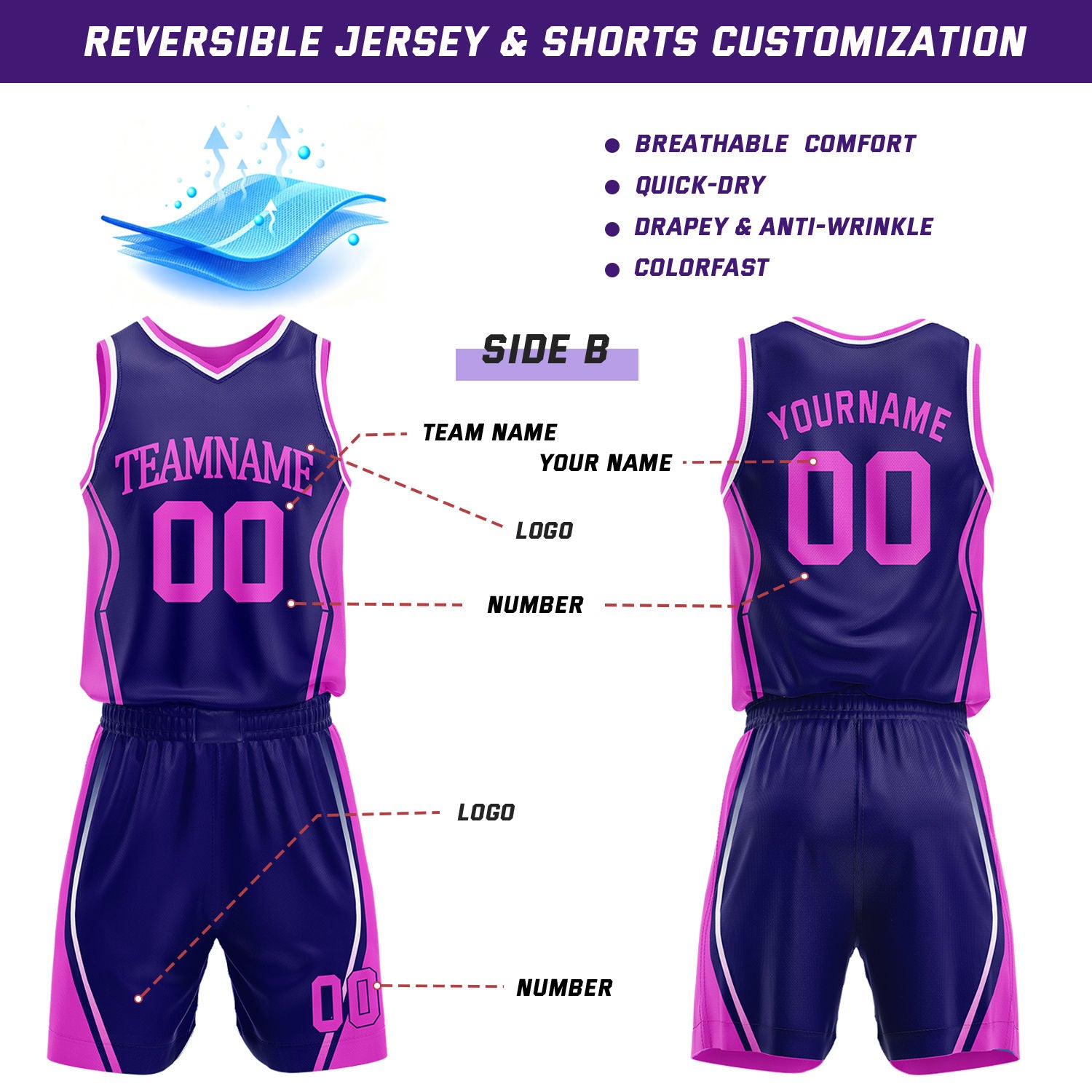 Custom Hot Pink & Navy Reversible Geometric Basketball Jersey Shorts Set | Personalized Team Uniform