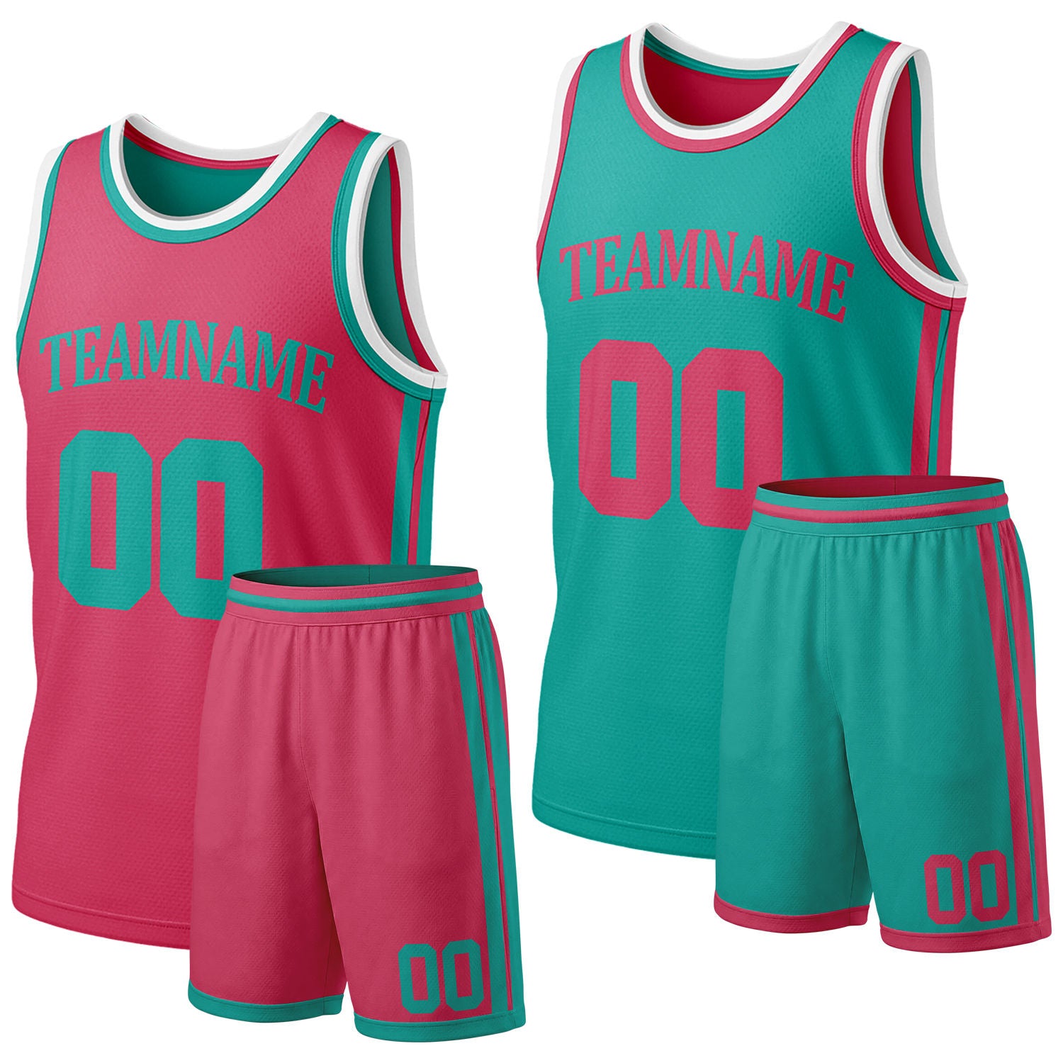 Custom hot pink & teal reversible basketball jersey shorts set by Vosoli | Personalized team name & number full team uniform sportswear