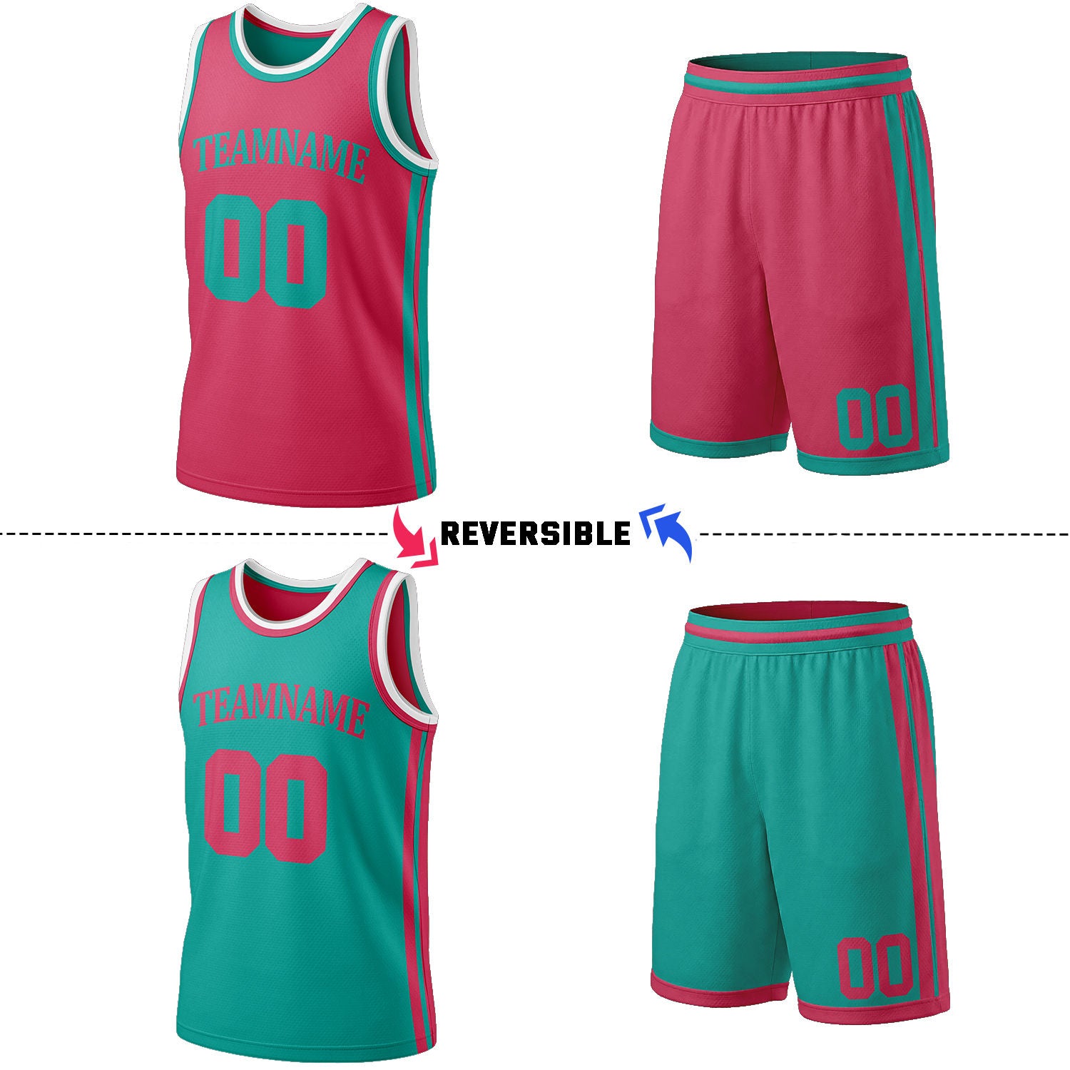 Custom Hot Pink & Teal Reversible Basketball Jersey Shorts Set | Personalized Full Team Uniform