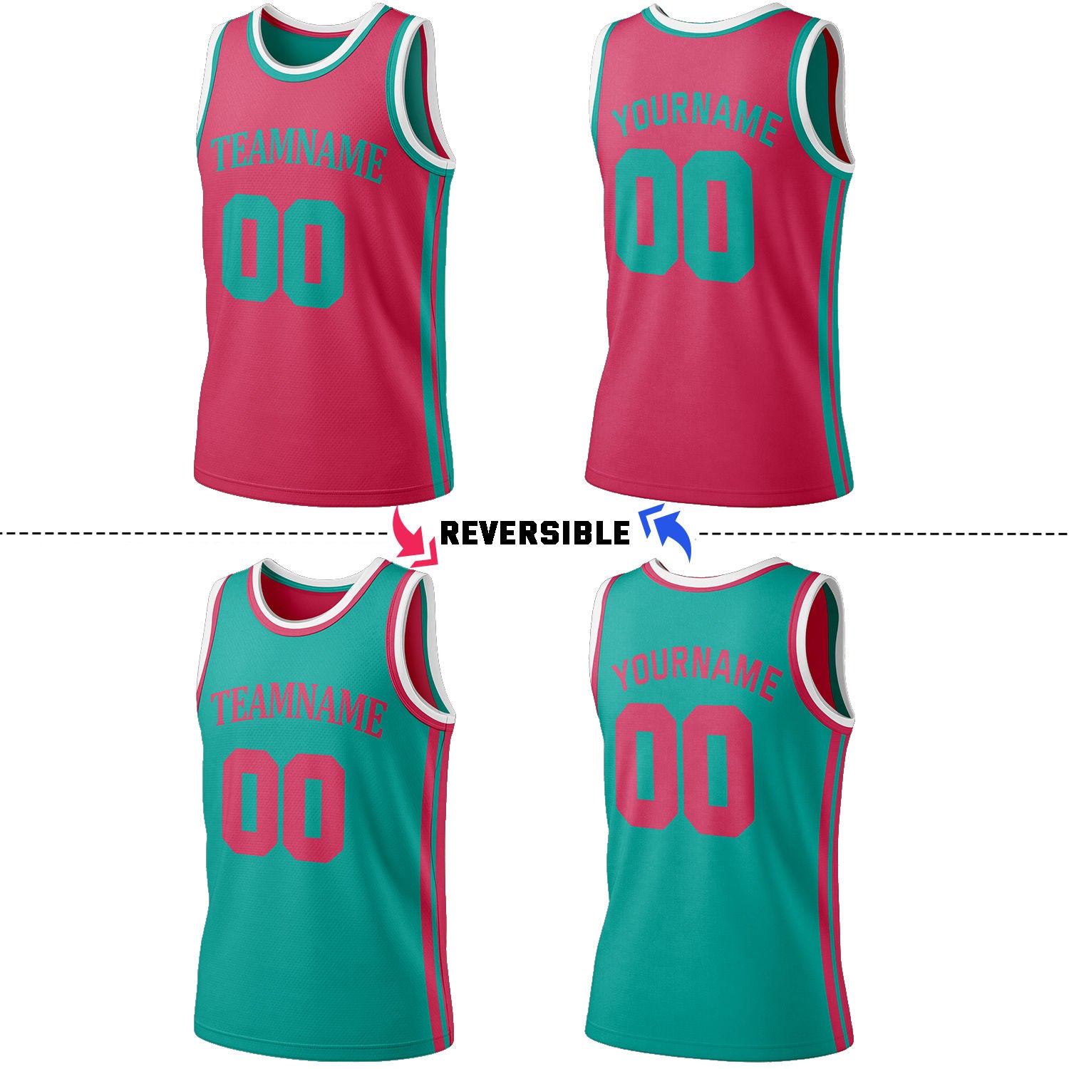 Custom Hot Pink & Teal Reversible Basketball Jersey Shorts Set | Personalized Full Team Uniform