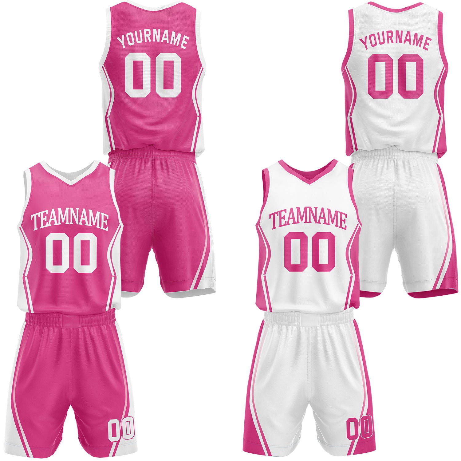 Custom hot pink & white reversible basketball jersey shorts set by Vosoli | Personalized block team name number geometric uniform sportswear