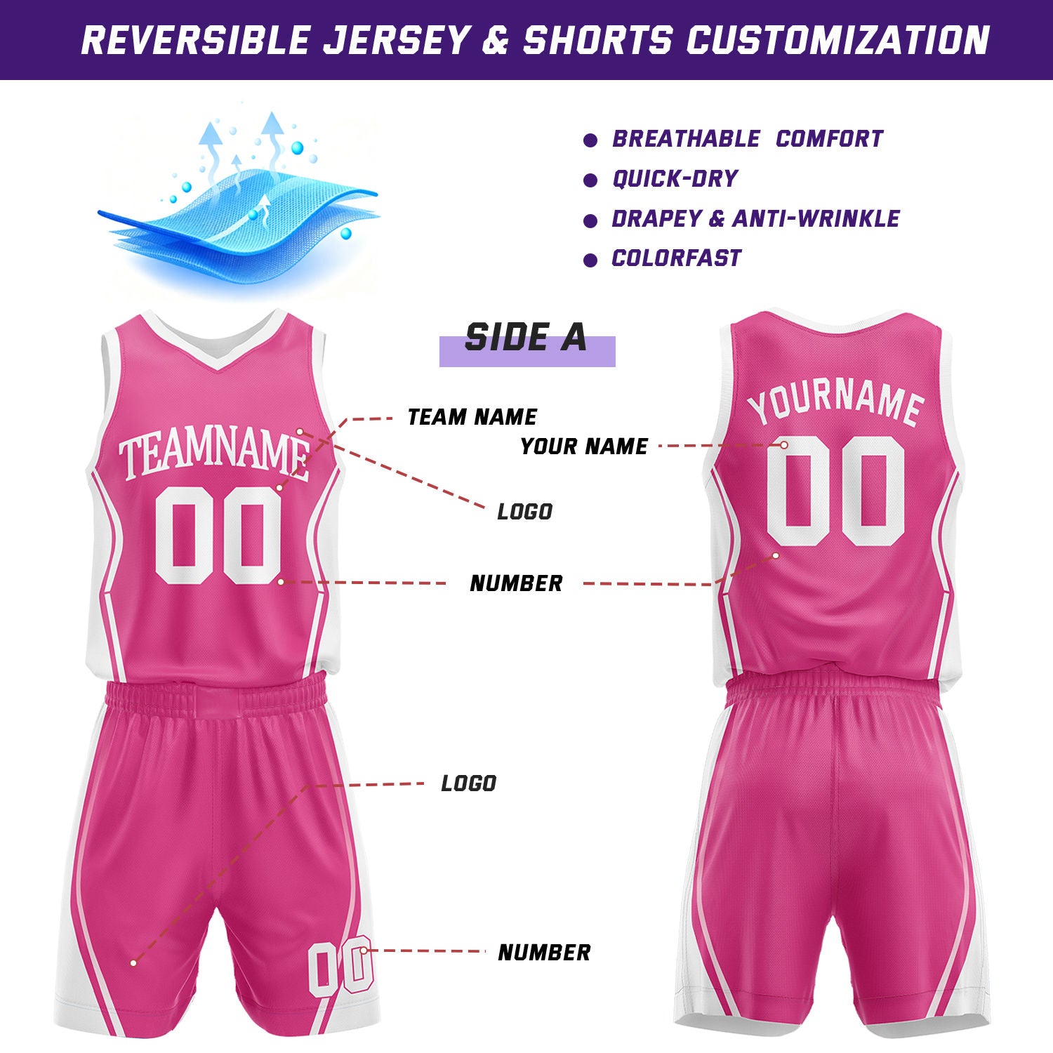 Custom Hot Pink & White Reversible Geometric Basketball Jersey Shorts Set | Personalized Team Uniform