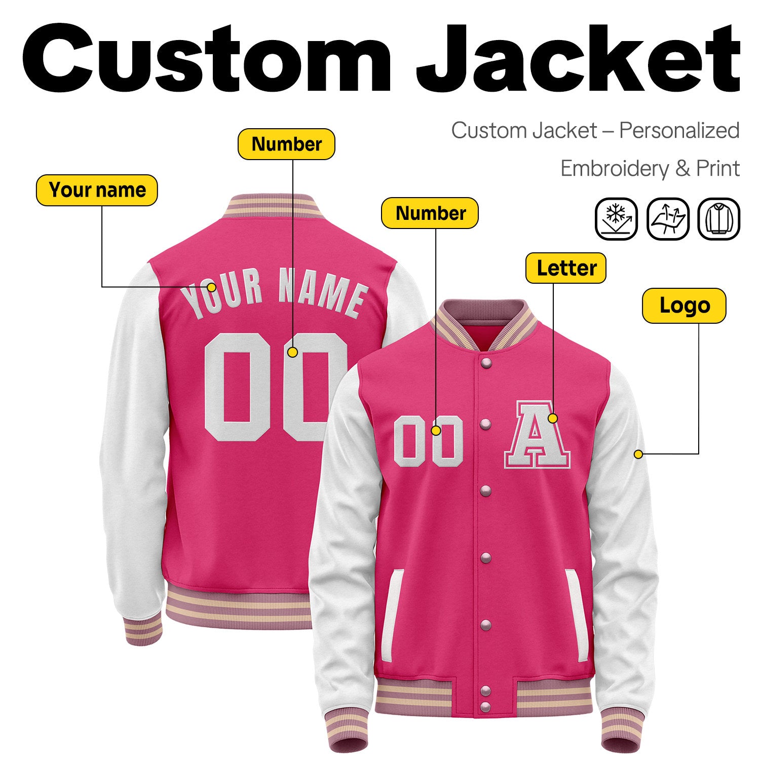 Custom Varsity Jacket with Embroidered Name & Number | Hot Pink & White Personalized Team Letterman Bomber