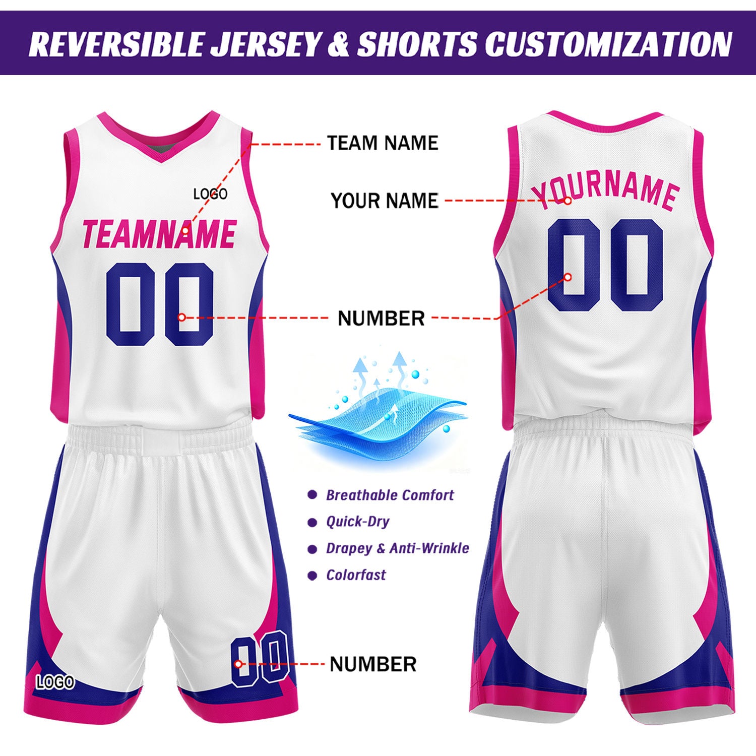 Custom Hot Pink White Reversible Basketball Jersey Set | Personalized Name Number Mesh Sports Uniform