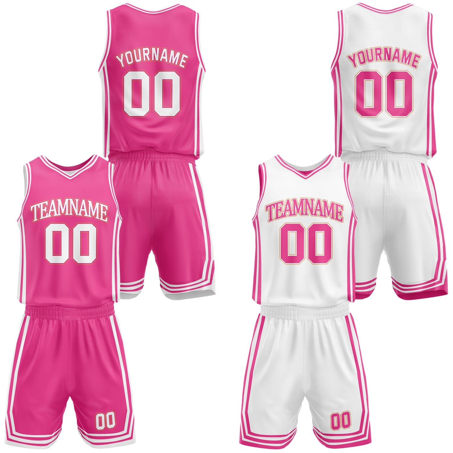 Custom hot pink & white reversible basketball jersey shorts set by Vosoli | Personalized team name number casual vintage uniform sportswear